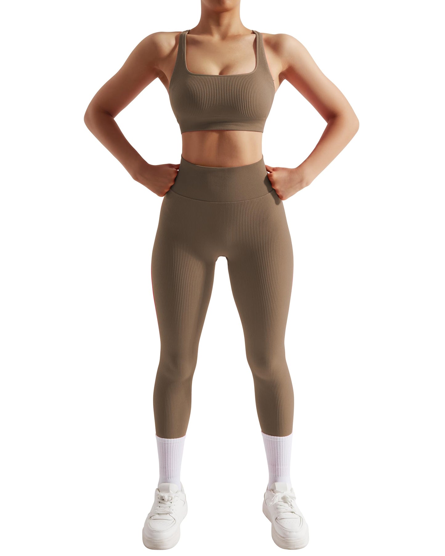 RXRXCOCO Gerippte Workout-Sets für Damen, 2-teilig, rückenfrei, Riemchen-Sport-BH, nahtlose Leggings, passendes Set, Yoga-Outfits 