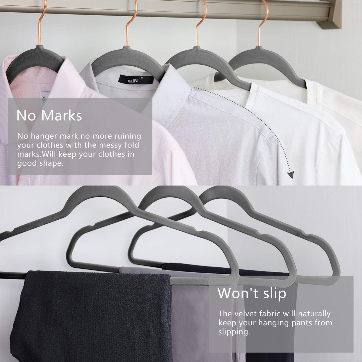 MIZGI Premium Velvet Hangers (30 Pack) Heavy Duty- Non Slip - Velvet Suit Hangers Black - Copper/Rose Gold Hooks,Space Saving Clothes Hangers (Black)