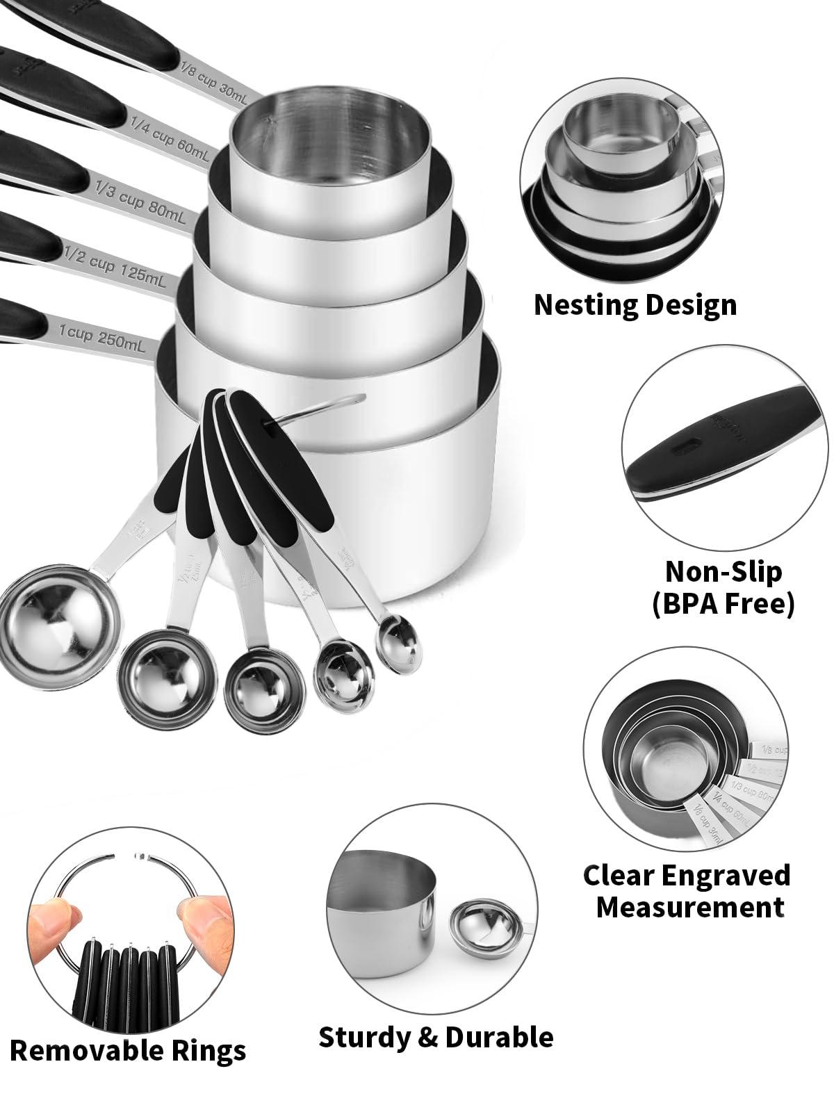 Joyhill Messbecher und -löffel aus Edelstahl, 10-teiliges Set, ineinander stapelbare Messbecher aus Metall mit Soft-Touch-Silikongriffen für trockene und flüssige Zutaten, Kochen und Backen (schwarz) 