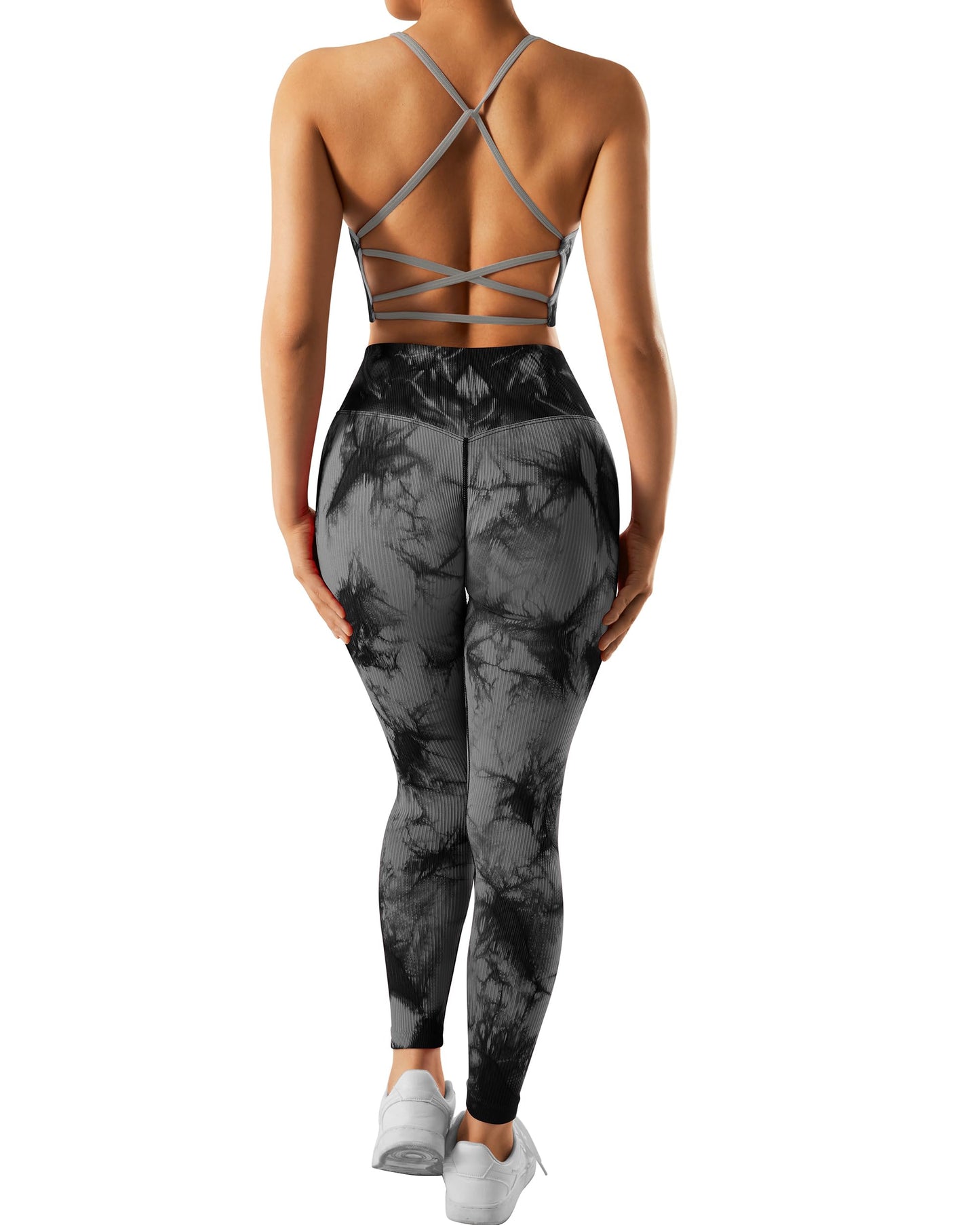 RXRXCOCO Gerippte Workout-Sets für Damen, 2-teilig, rückenfrei, Riemchen-Sport-BH, nahtlose Leggings, passendes Set, Yoga-Outfits 