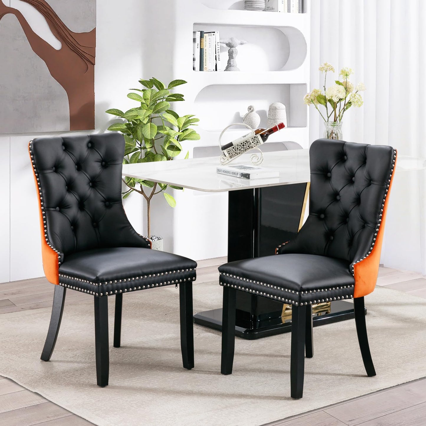 Lot de 8 chaises de salle à manger en cuir SoarFlash, chaise d'appoint à dossier haut, chaise d'appoint rembourrée moderne avec anneau de dossier à boutons, pieds en bois massif (noir et gris) 