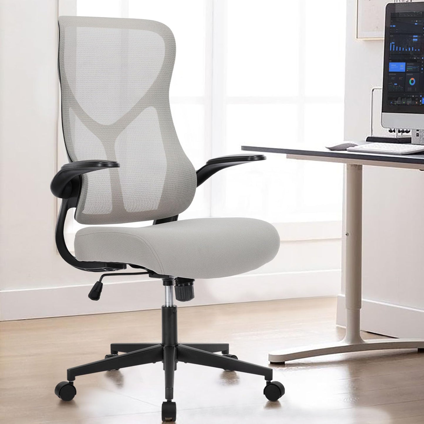 Chaise de bureau ergonomique en maille, chaise de bureau à dossier haut avec appui-tête 2D, support lombaire haut et bas, chaise de travail d'ordinateur pivotante avec accoudoirs rabattables réglables, noir 