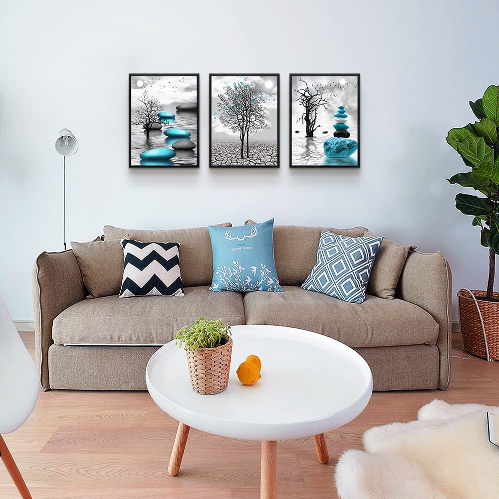 Canvas Wall Art for Living Room Wall Decor for Bedroom Bathroom Black and White Paintings Modern 3 Piece Framed Canvas Art Prints Ready to Hang Inspirational Abstract Blue Pictures Home Decorations