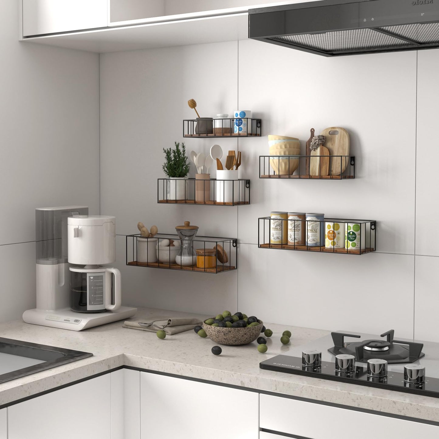 Floating Shelves Wall Mounted Set of 5, Hanging Wall Shelf with Rail for Bathroom, Bedroom, Living Room, Kitchen