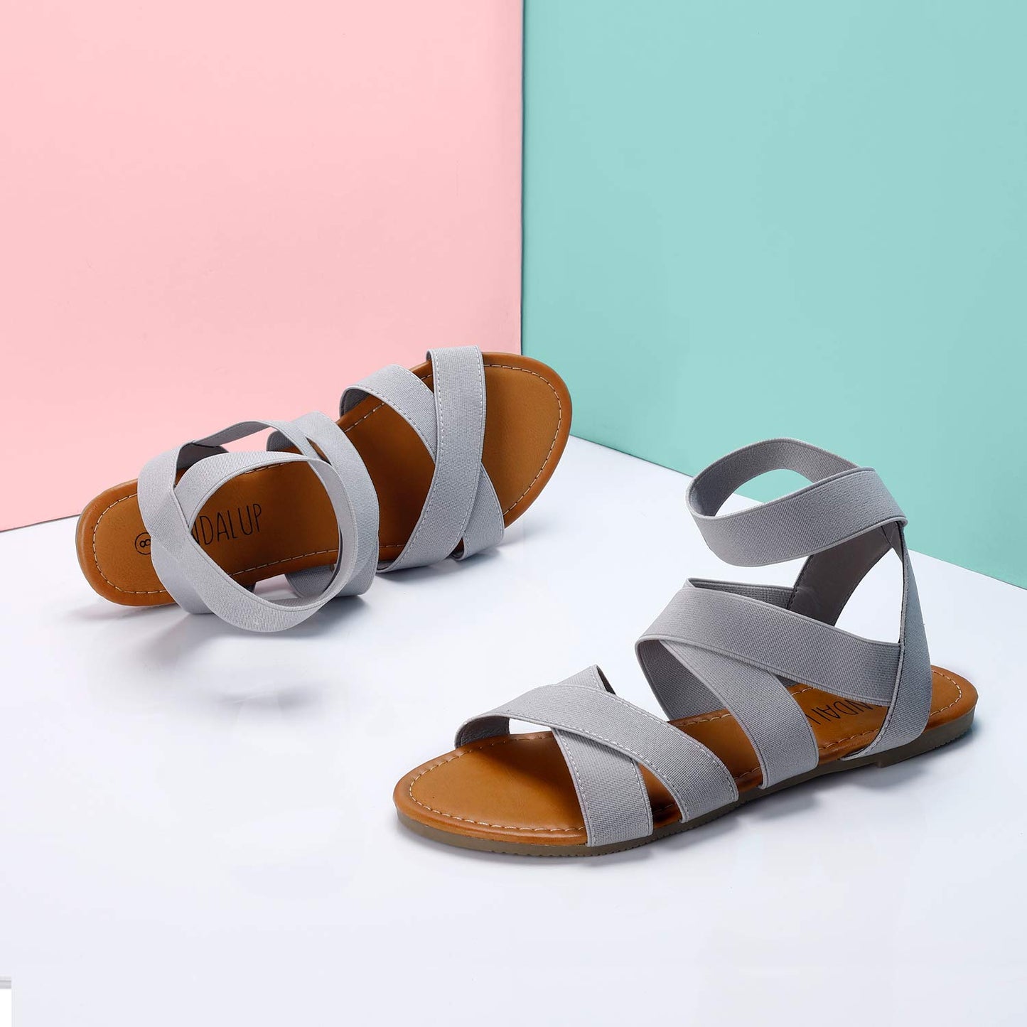 SANDALUP Elastic Ankle Strap Flat Sandals for Women