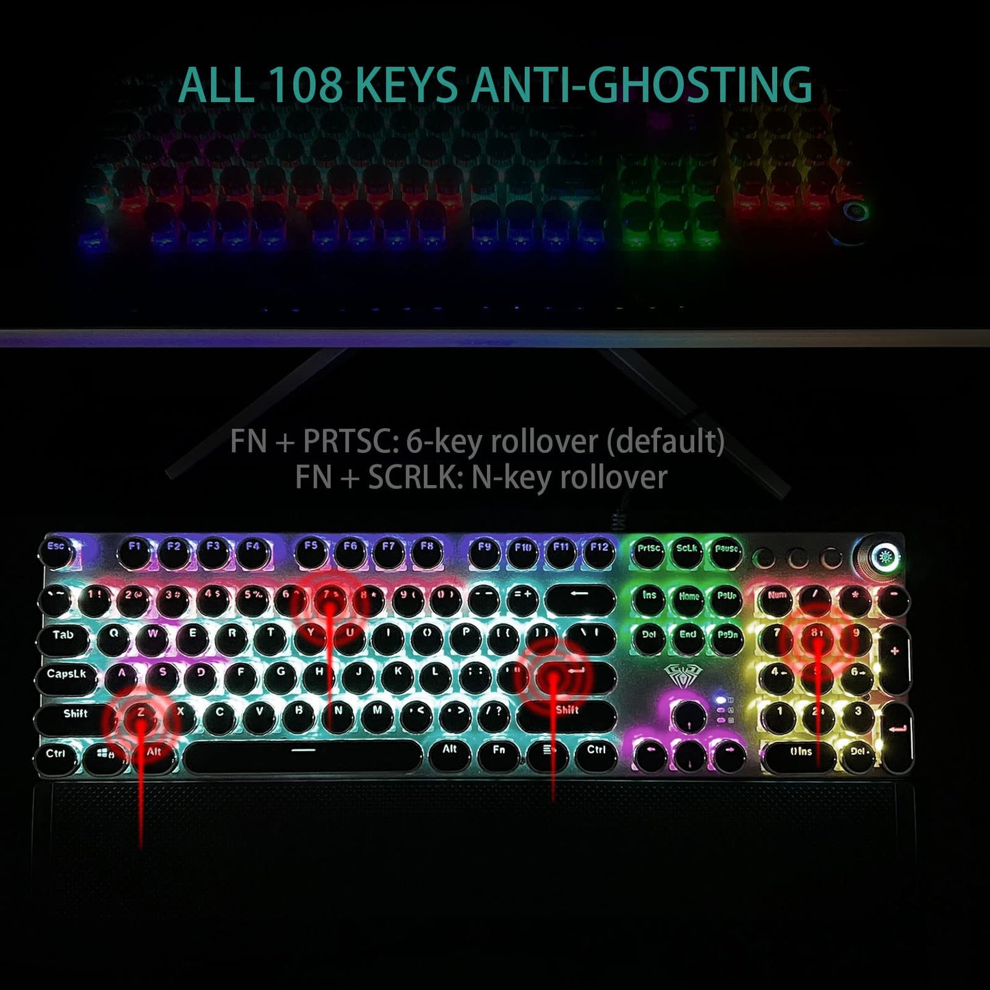 AULA F2088 Mechanical Gaming Keyboard – Blue Switches, Rainbow LED Backlit, Media Knob, Wrist Rest, Retro Typewriter Keycaps, USB Wired