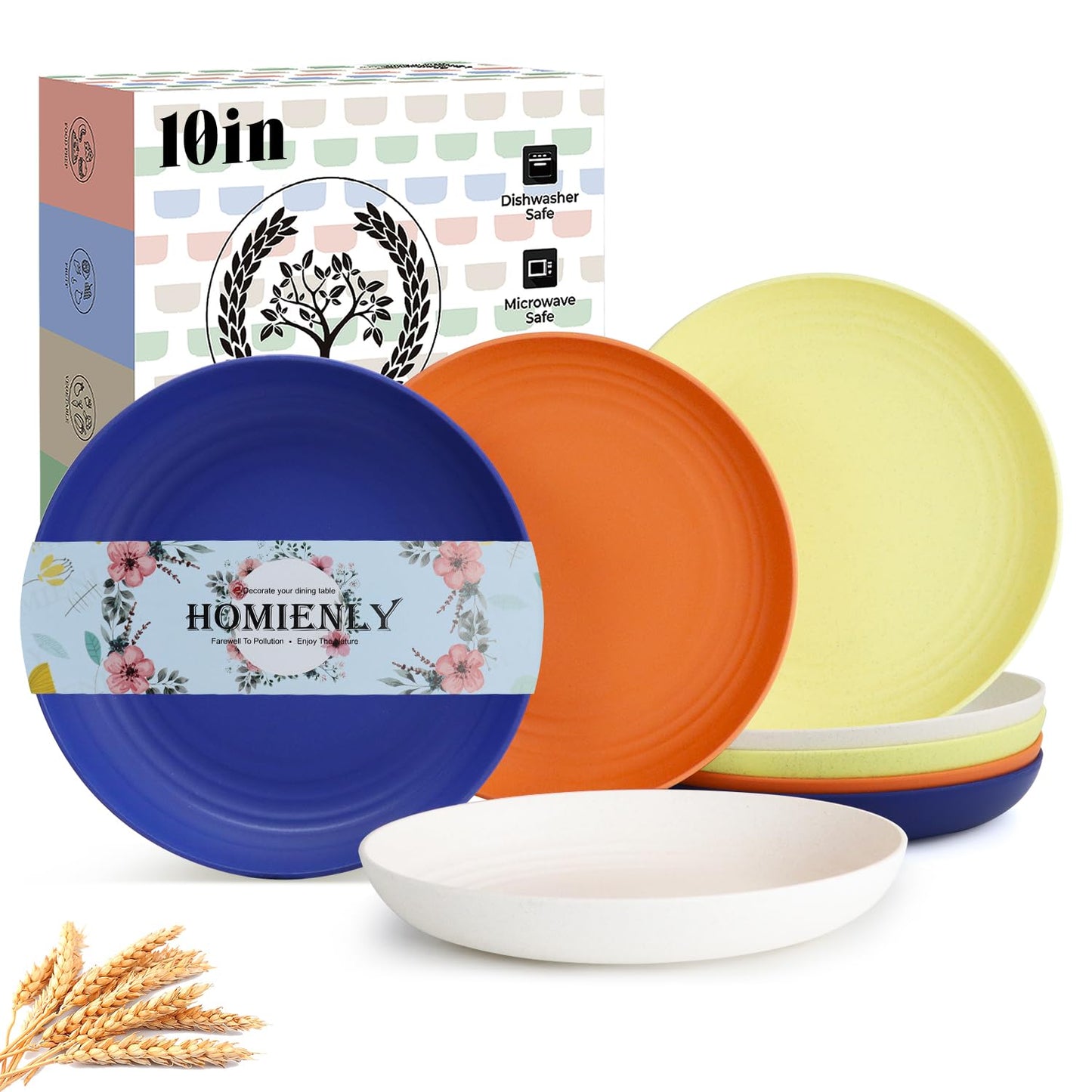 Homienly Deep Dinner Plates Set of 8 Alternative for Plastic Plates Microwave and Dishwasher Safe Wheat Straw Plates for Kitchen Unbreakable Kids Plates with 4 Colors (Classic Bright, 9 inch)