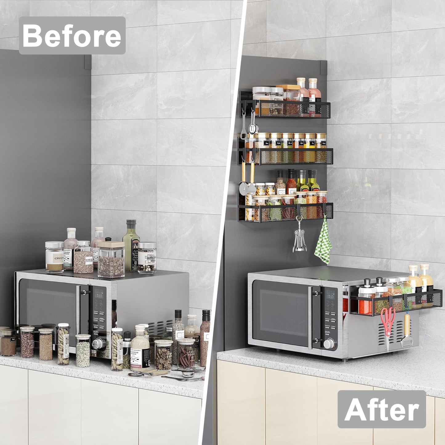 Magnetic Spice Rack for Refrigerator, 6 Pack Magnetic Shelf, Fridge Magnet Organizer with Moveable 12 Hooks, Magnetic Fridge Shelf for Kitchen Organization and Storage (6 Pack)
