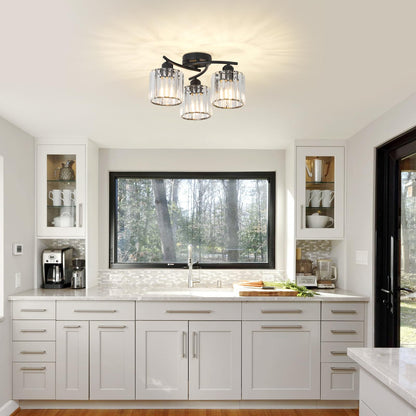 Crystal Semi Flush Ceiling Light – Modern Black Fixture, Clear Shade