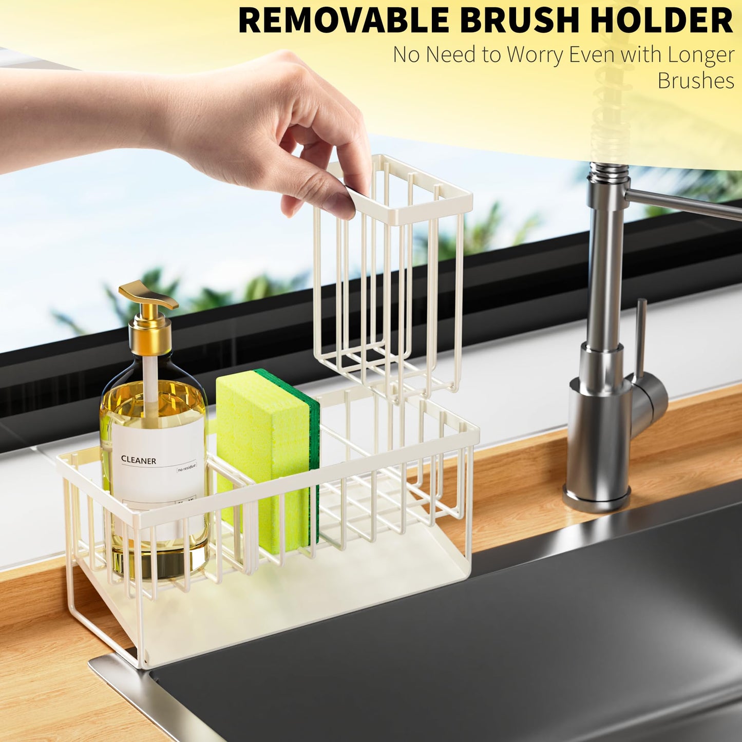 Kitchen Sink Caddy Organzier with High Brush Holder, Sponge Holder for Sink, 304 Rustproof Stainless, Kitchen Countertop Soap Dispenser Organizer, Kitchen Decor and Accessories