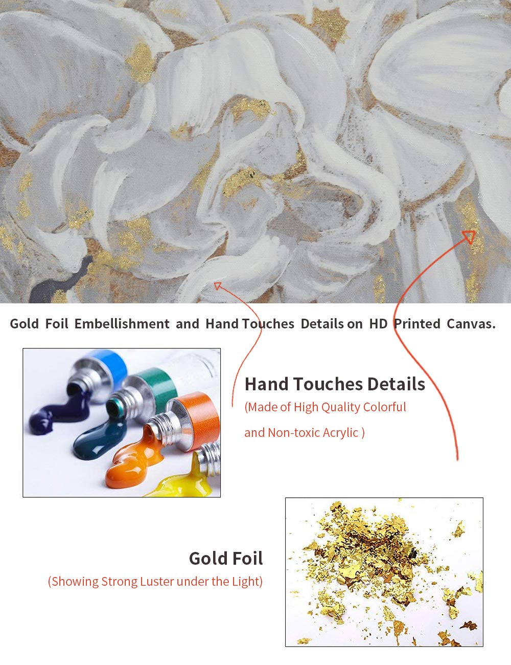 Goldfoilart Décoration murale florale moderne en fleurs blanches avec peintures en feuille d'or, œuvres d'art encadrées pour salon, chambre à coucher, cuisine, 61 x 61 cm x 2 pièces 