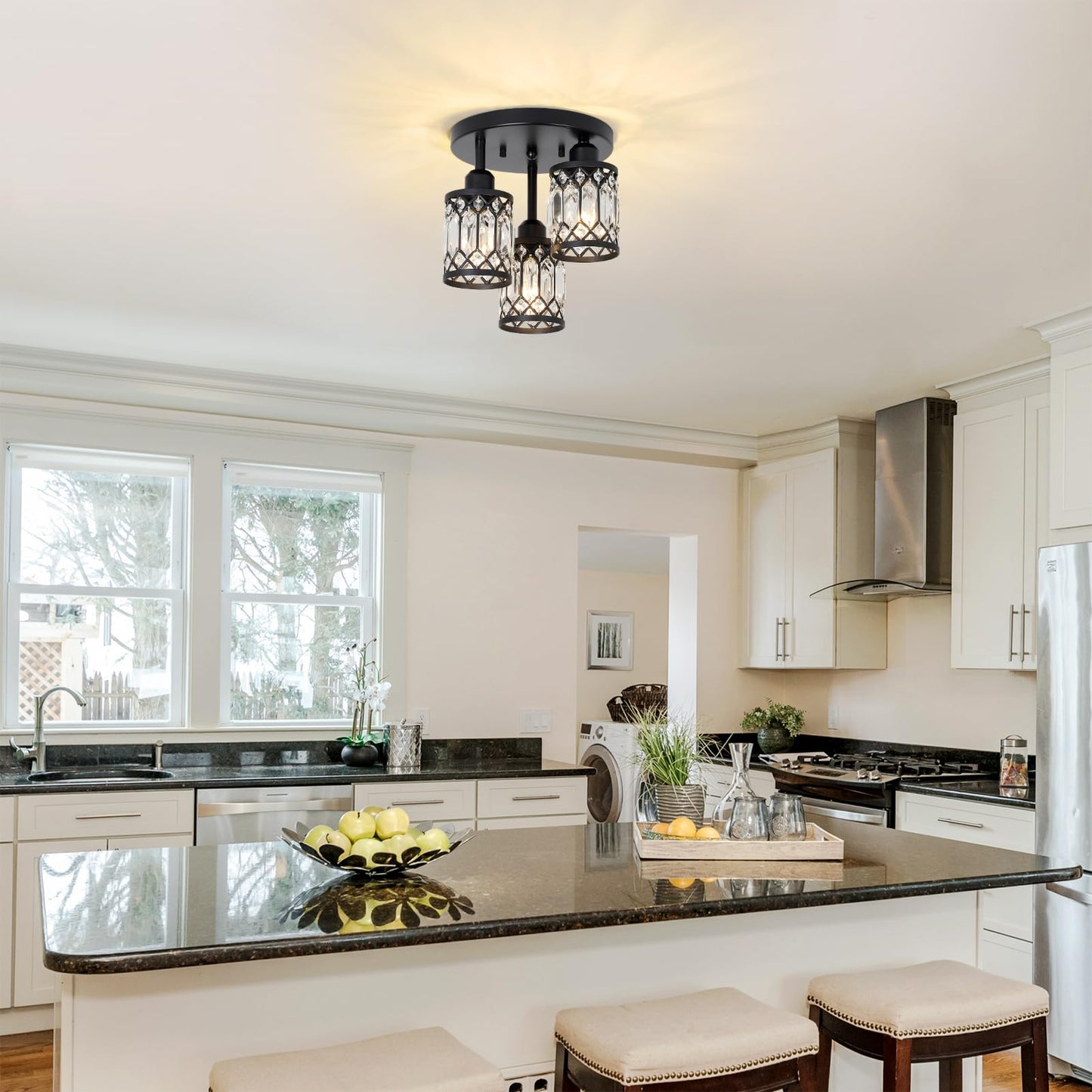 Crystal Semi Flush Ceiling Light – Modern Black Fixture, Clear Shade