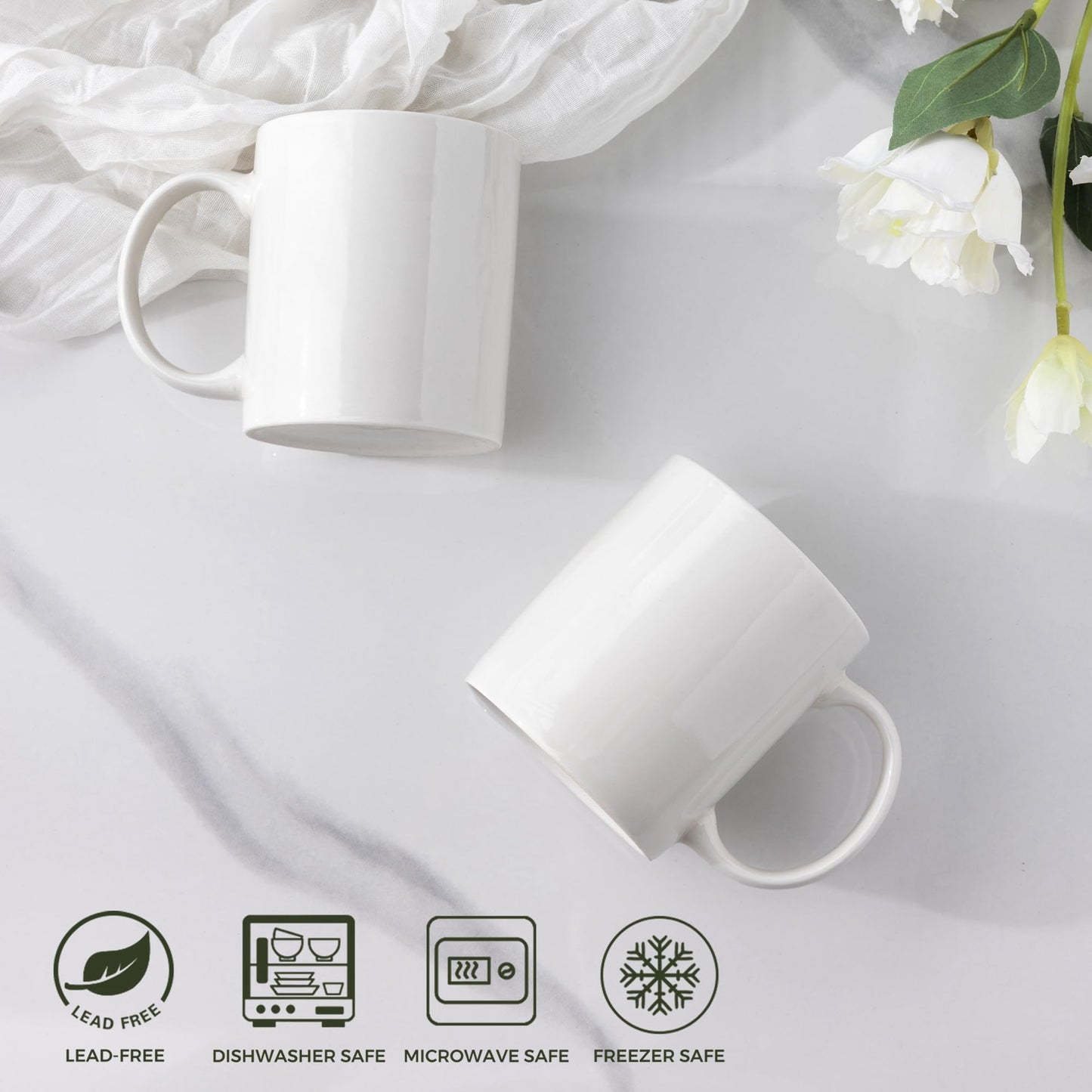 Lot de 6 tasses à café AmorArc 12 oz blanc cassé, tasses à café en céramique avec grande poignée pour homme, femme, ensemble de tasses à café légères pour latte/cappuccino/cacao/lait, lavables au lave-vaisselle et au micro-ondes, 6 pièces 