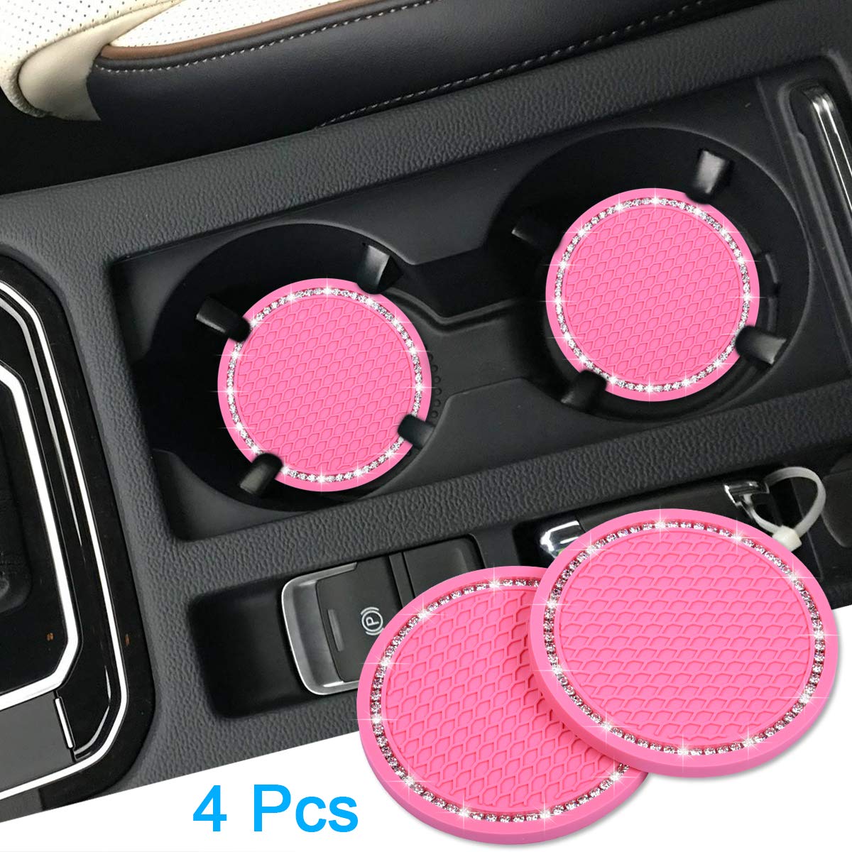 Dessous de verre Bling Car, Wisdompro Lot de 4 dessous de verre en PVC pour porte-gobelet de voiture - Accessoires d'intérieur de véhicule universels antidérapants Tapis de tasse à paillettes en cristal pour femmes et hommes (2,75" de diamètre, noir) 