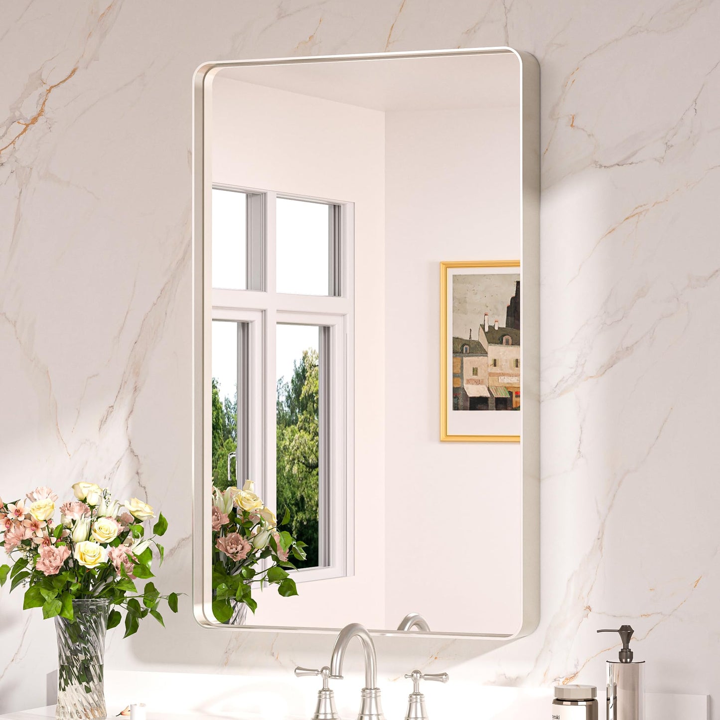 Keonjinn Black Mirror for Bathroom Sink, 24 x 30 Inch Sandblasted Finish Aluminum Wall Mirrors, Matte Black Rectangle Farmhouse Mirror with Shatterproof HD Tempered Glass, Anti-Rust Metal Frame