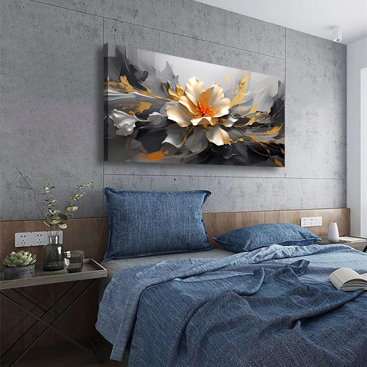 Peinture à l'huile abstraite moderne sur toile représentant un lotus doré, décoration murale pour salon, bureau, chambre à coucher, 50,8 x 101,6 cm 