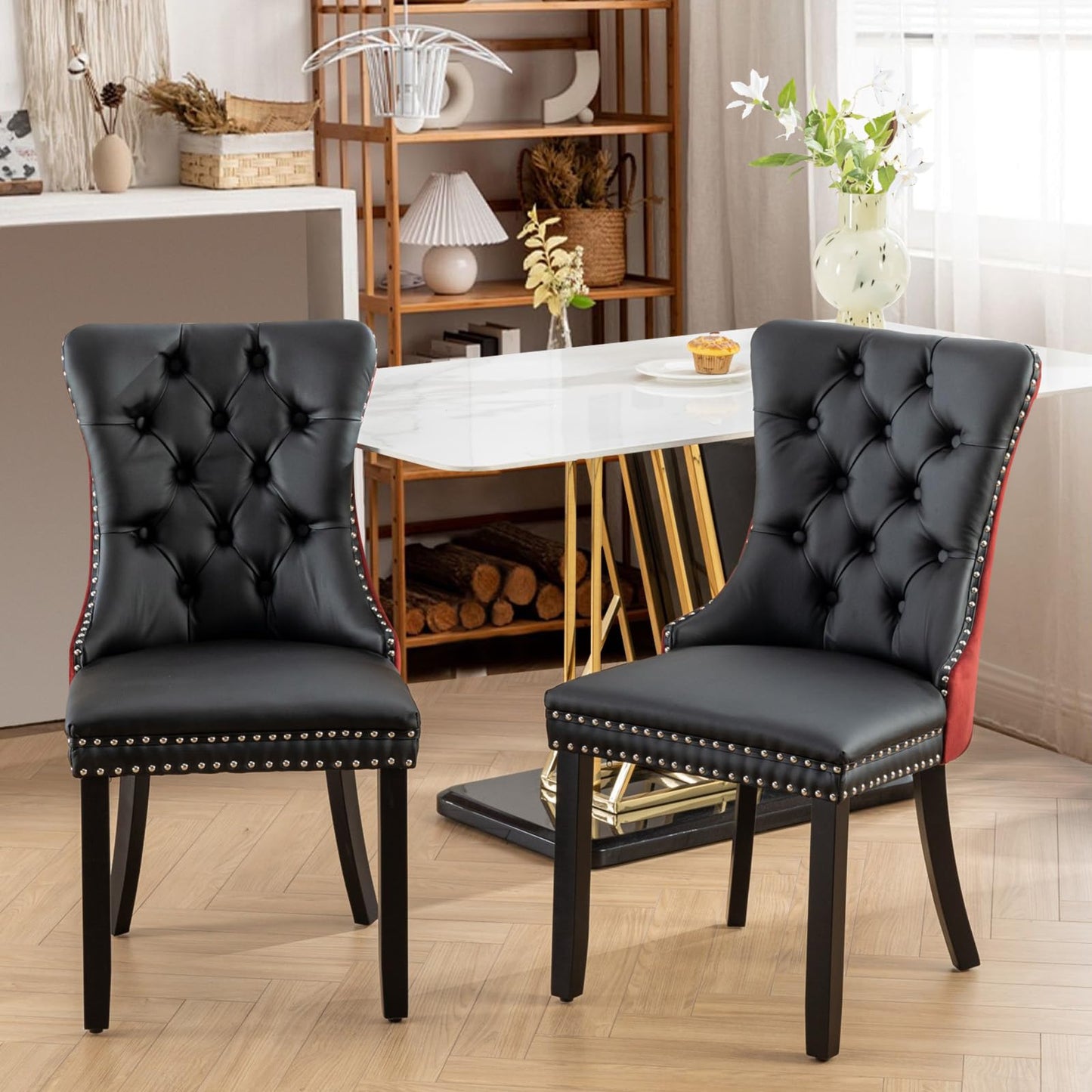 SoarFlash Leather Dining Chairs Set of 8, Tall Back Side Chair, Modern Upholstered Side Chair with Button Back Ring, Solid Wood Legs (Black&Grey)