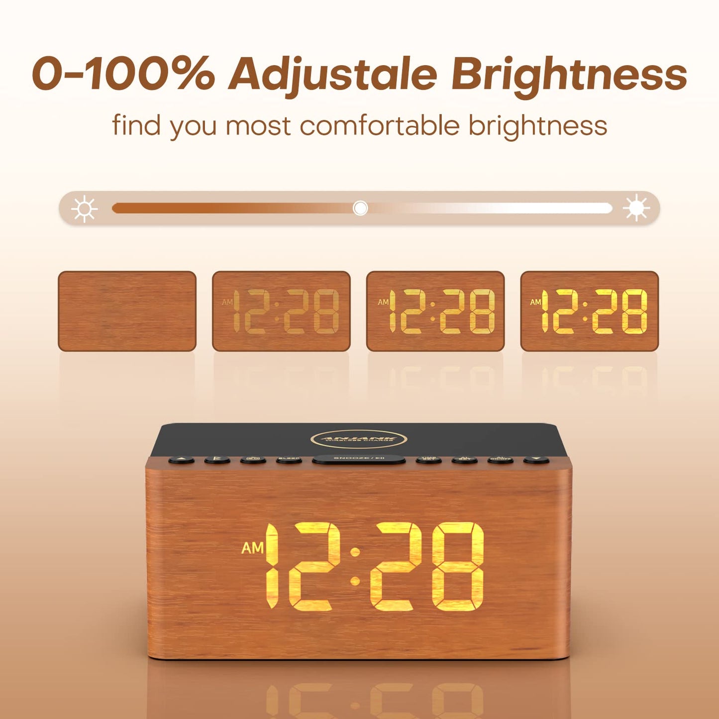 Digital Alarm Clock with FM Radio & Wireless Charging – Qi-Certified, LED Display, USB Port, Sleep Timer