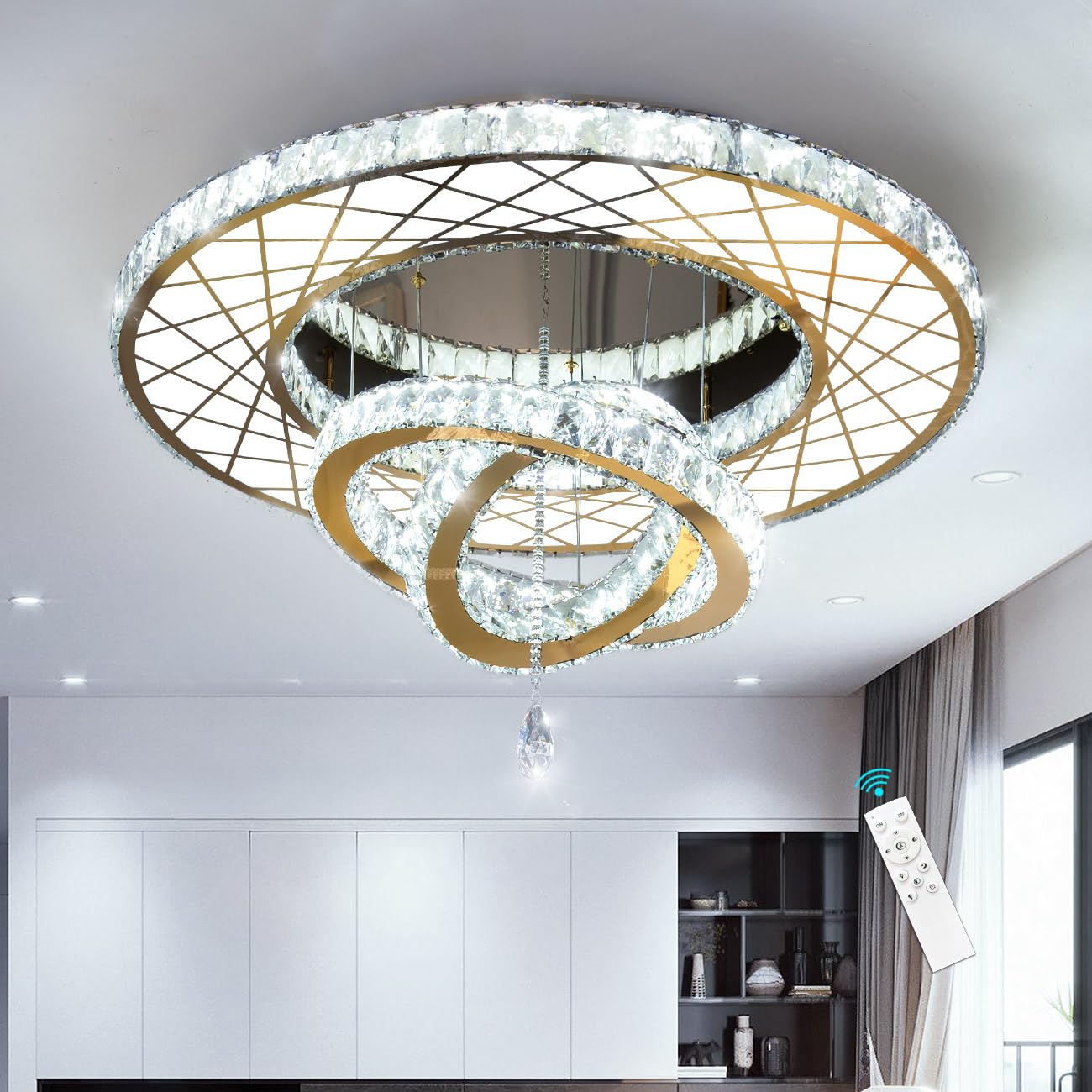 Modern Flush Ceiling Chandelier Bedroom Light Fixtures Crystal Flat Sloping Ceiling Lights for Hallway Kitchen Dining Room Dimmable Light with Remote Gold