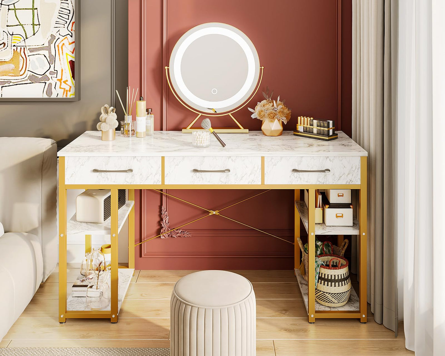 Bureau d'ordinateur de petite taille ODK : table de maison avec tiroirs en tissu et étagères de rangement, bureau d'écriture moderne, noir, 48"x16" 