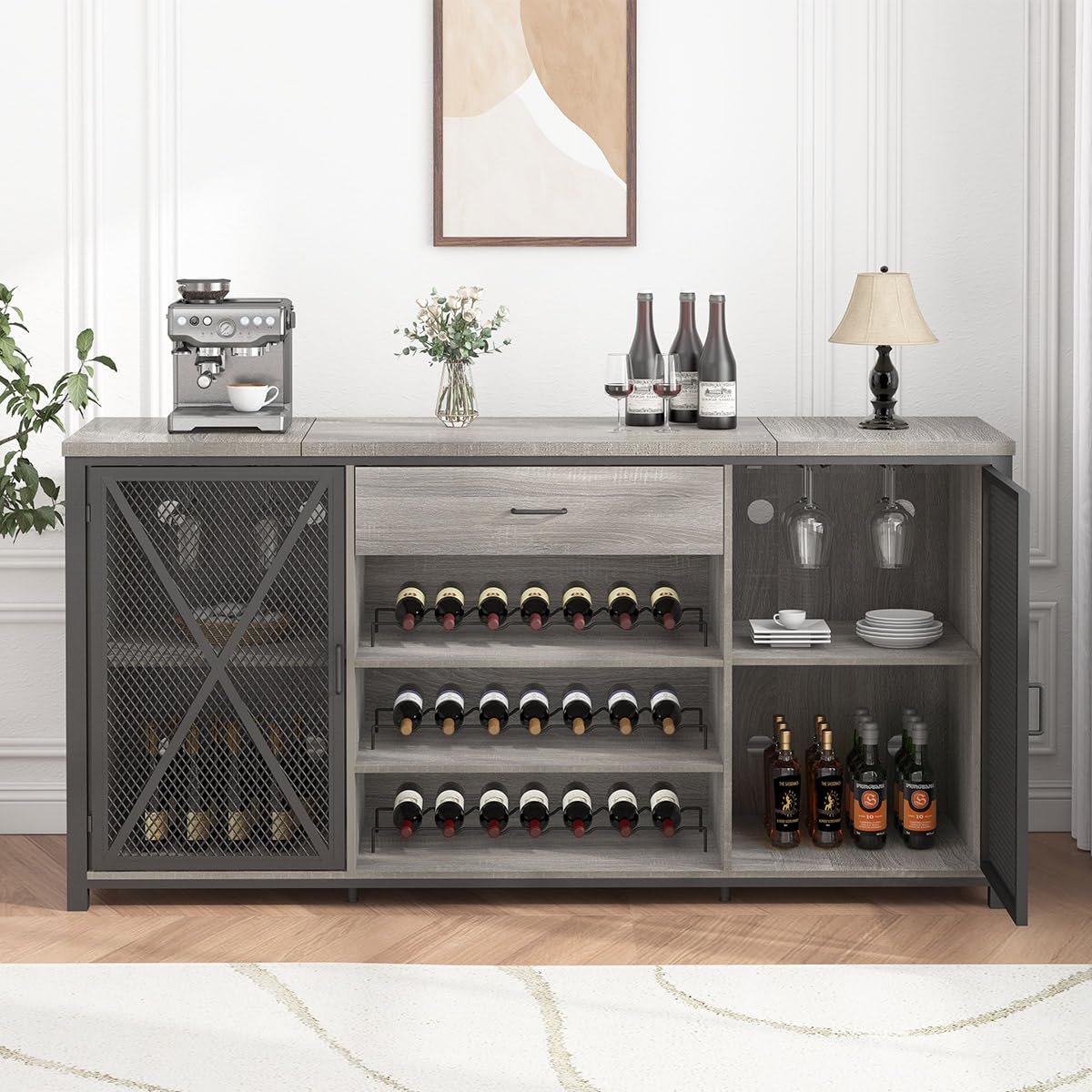 LVB Long Bar Cabinet with Fridge Space, Farmhouse Big Liquor Cabinet with Drawer Storage, Rustic Wood Metal Large Wine Cabinet with Rack, Modern Sideboard Buffet for Kitchen Dining Room, Gray, 70 Inch