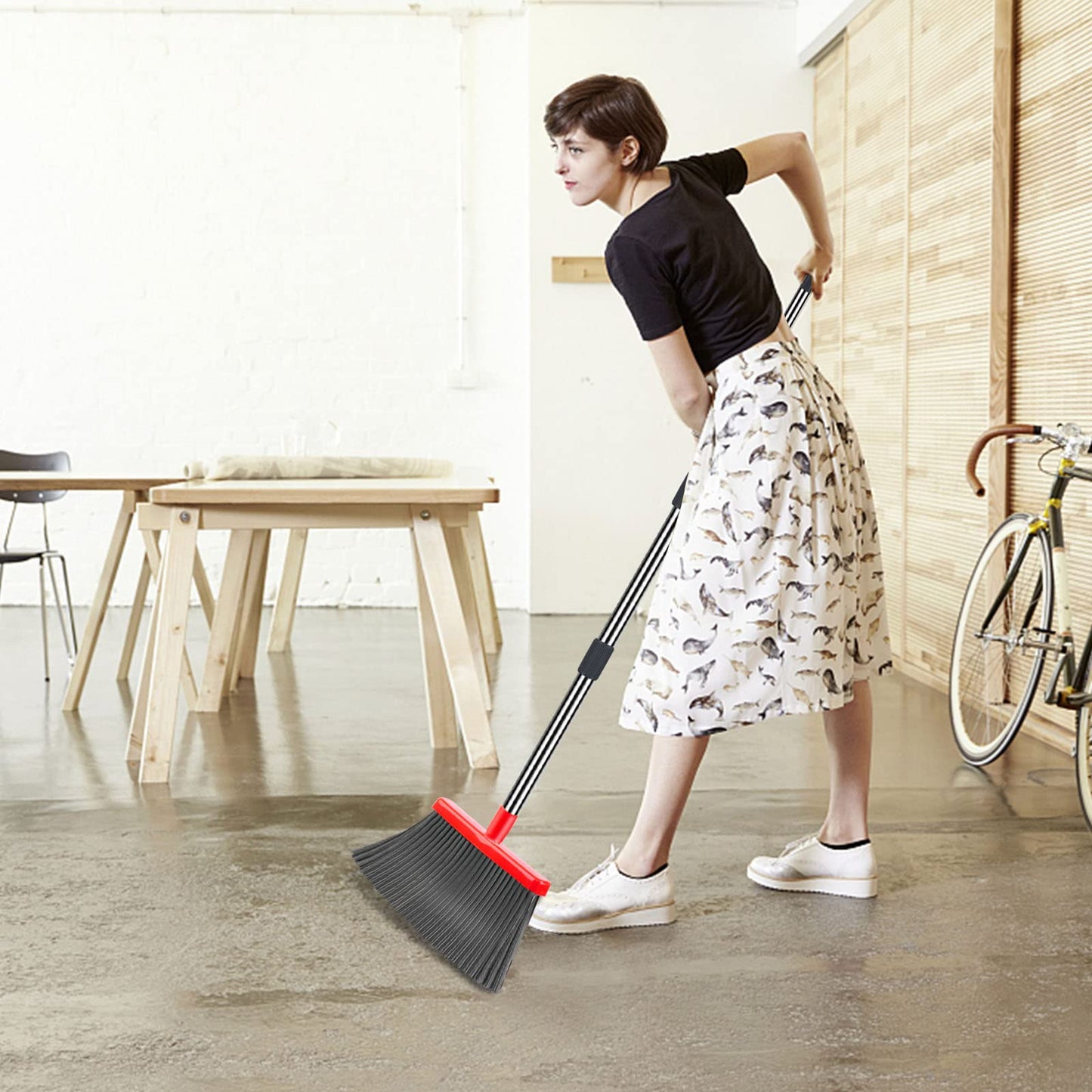 kelamayi Broom and Dustpan Set for Home, Stand Up Broom and Dustpan Combo for Office, Indoor&Outdoor Sweeping (Black&Red)