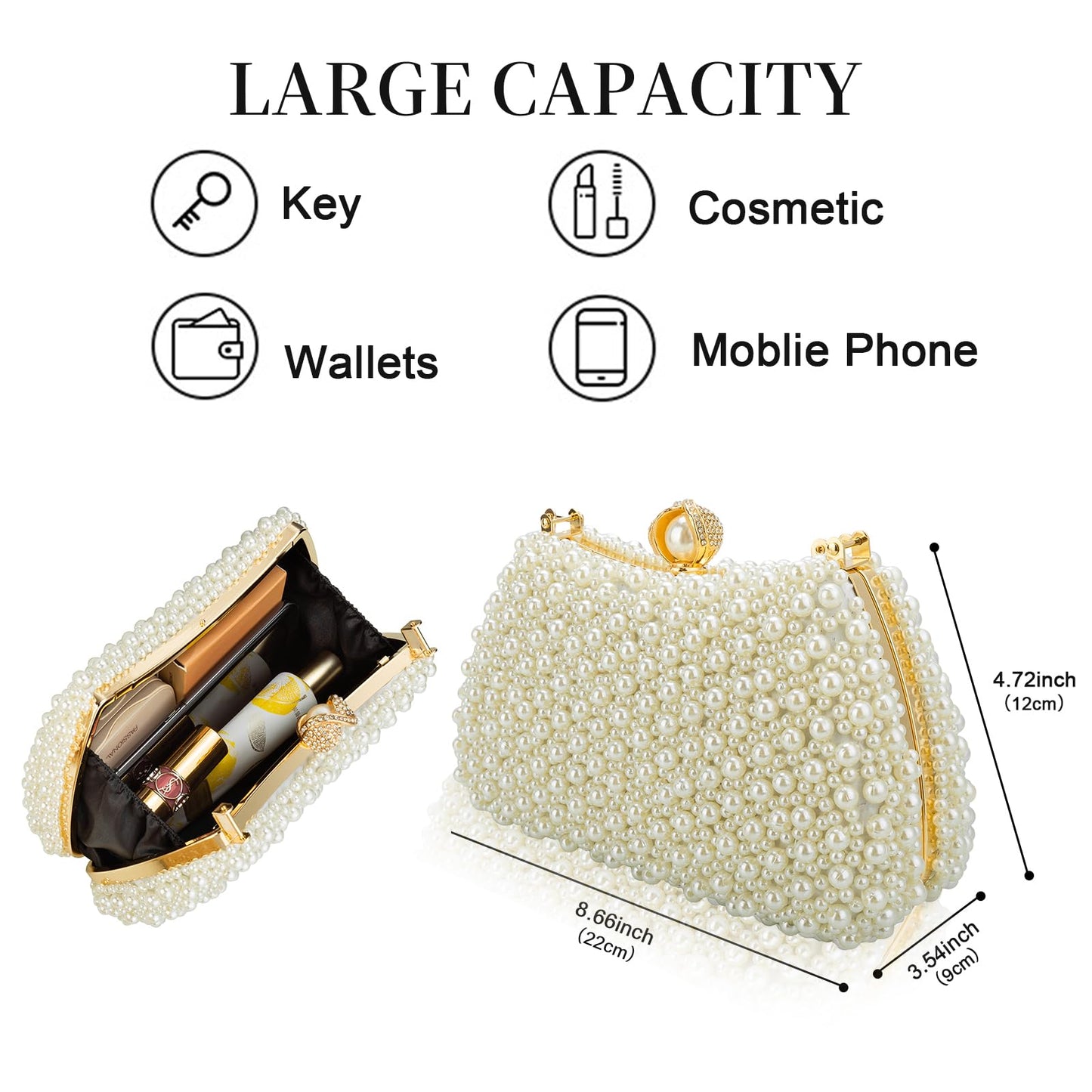 jessie Evening Bags and Clutches, Women's Beaded Evening Handbags Cocktail Prom Bridal Pearl Clutch Purses for Women Wedding