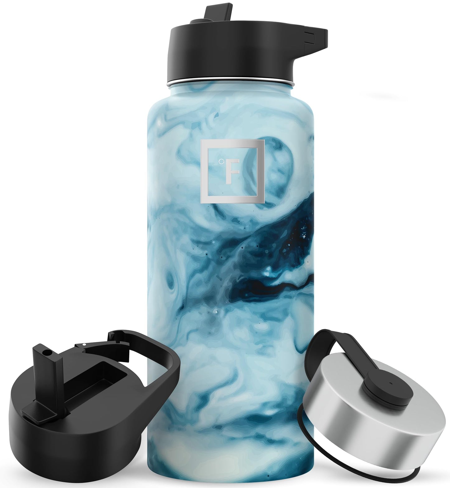 Bouteille d'hydratation de camping et de randonnée IRON °FLASK avec 3 couvercles - Bouteille d'eau en acier inoxydable, à double paroi et isolée sous vide - Anti-fuite et sans BPA (Dark Night, Straw - 32 oz) 