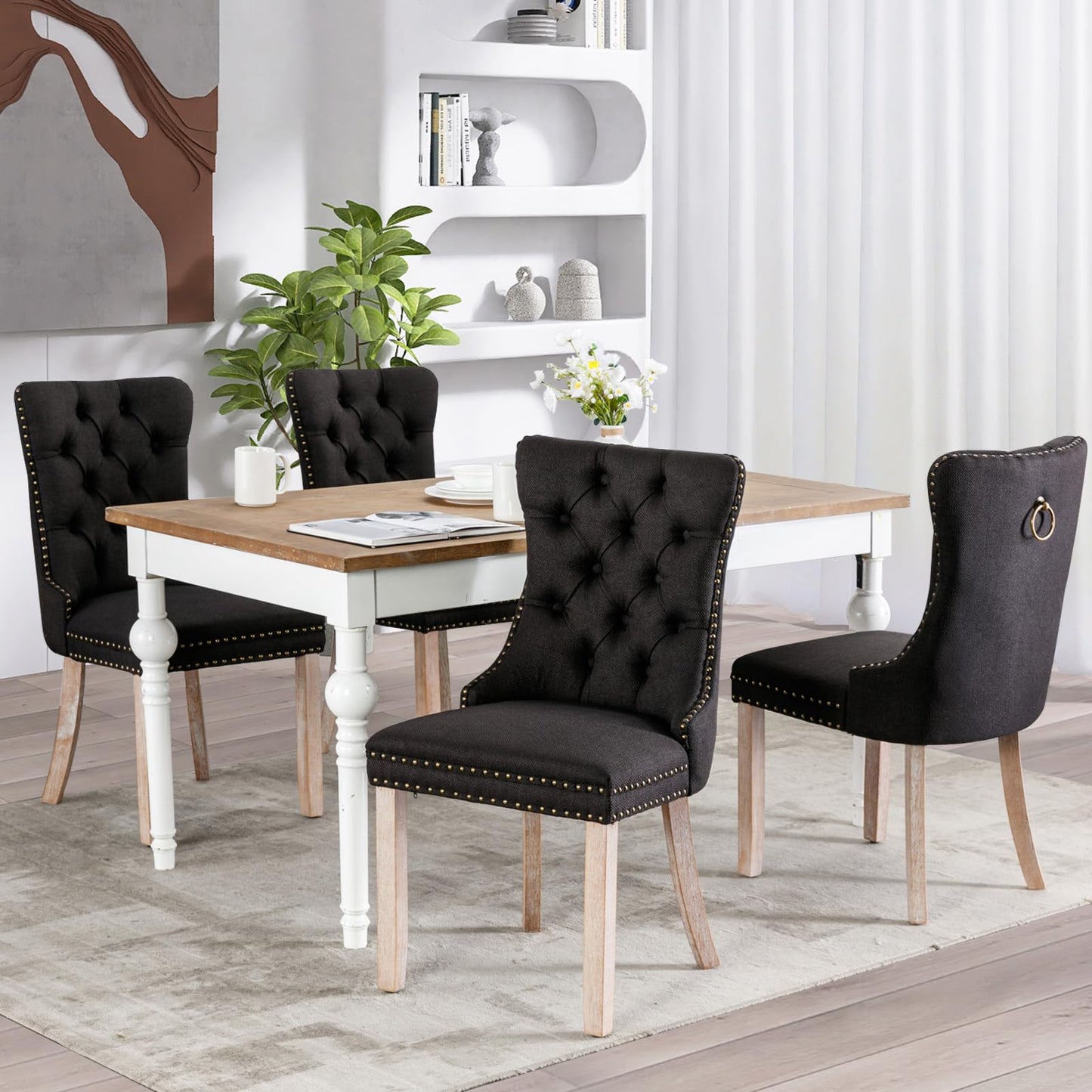 SoarFlash Leather Dining Chairs Set of 8, Tall Back Side Chair, Modern Upholstered Side Chair with Button Back Ring, Solid Wood Legs (Black&Grey)