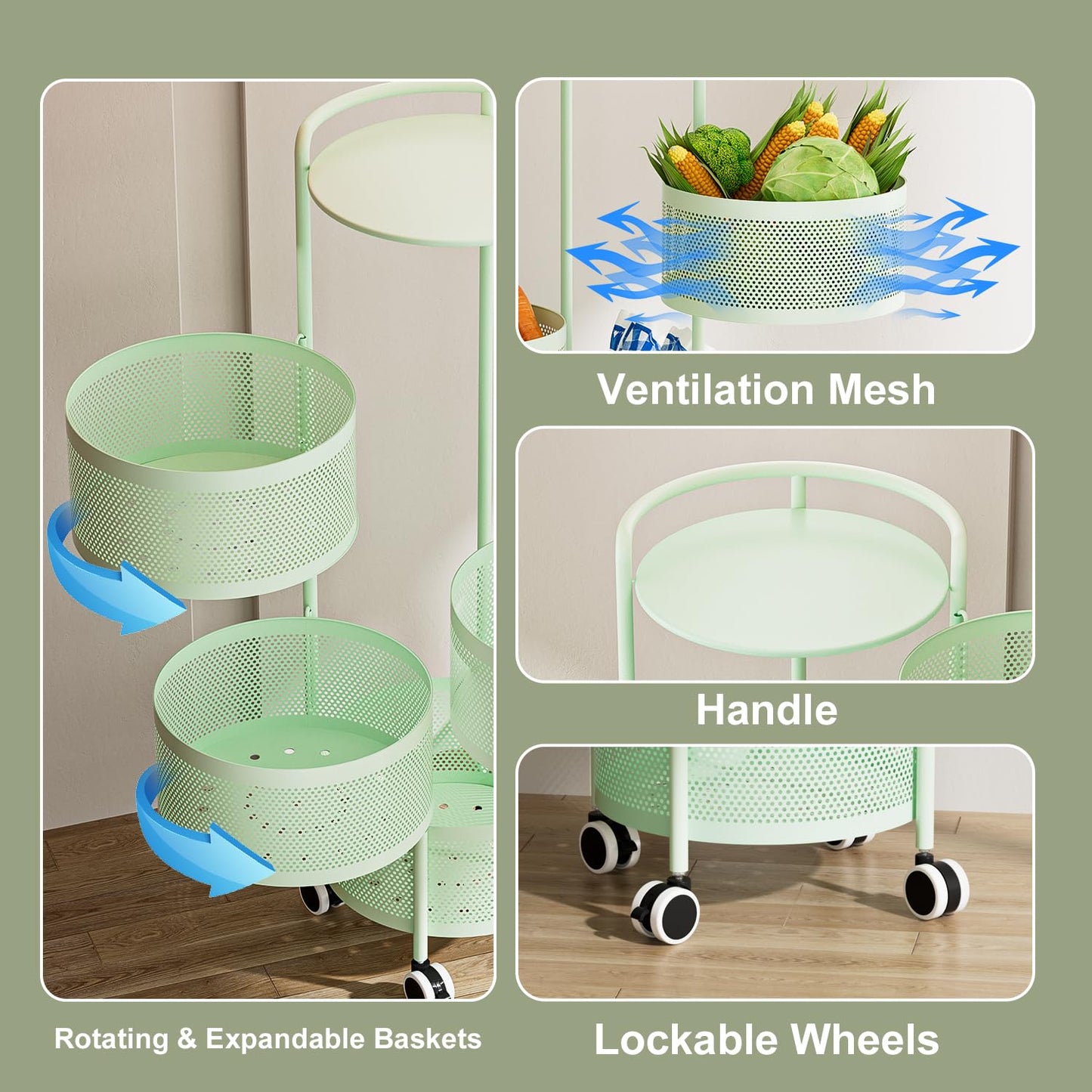 No Assembly Required Vegetable Storage Rack, 4-Tier Rotating Fruit Basket with Wheels, Heavy Duty Carbon Steel Kitchen Storage Cart