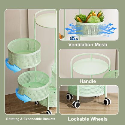 No Assembly Required Vegetable Storage Rack, 4-Tier Rotating Fruit Basket with Wheels, Heavy Duty Carbon Steel Kitchen Storage Cart