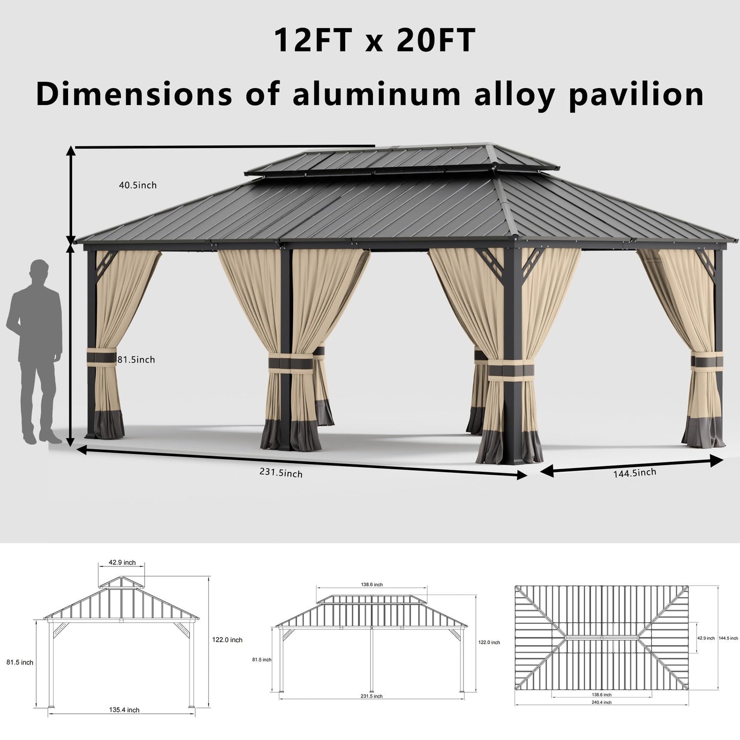 Pavillon à toit rigide de 12 x 20 pieds à double toit, pavillon extérieur avec toit rigide à 2 couches, tente de jardin à cadre en fer galvanisé, convient aux cours, aux arrière-cours, aux terrasses et à l'herbe 