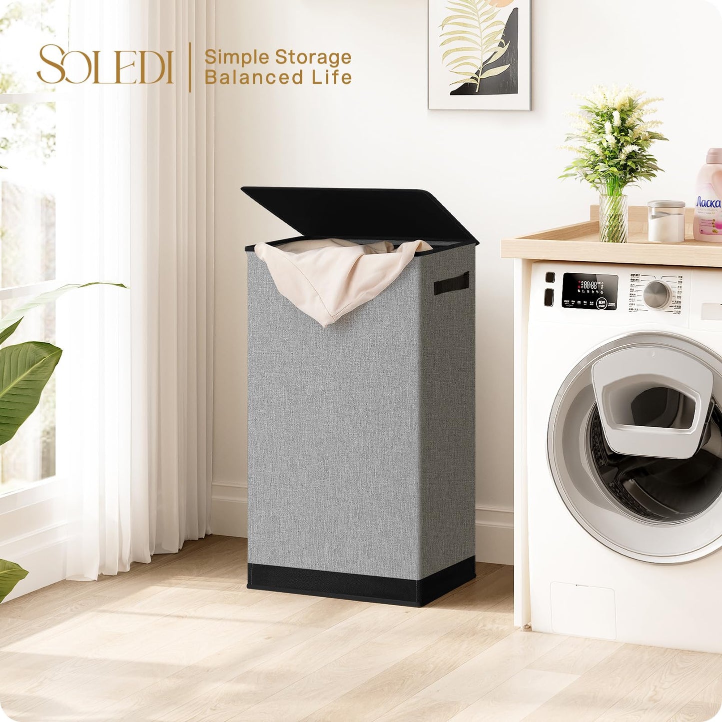 SOLEDI Laundry Hamper Black with Lid and Removable Bag - 100L Large and Tall Laundry Basket Collapsible with Handle for Clothing and Toys Storage - Dirty Clothes Hamper for Bedroom, bathroom, dorm