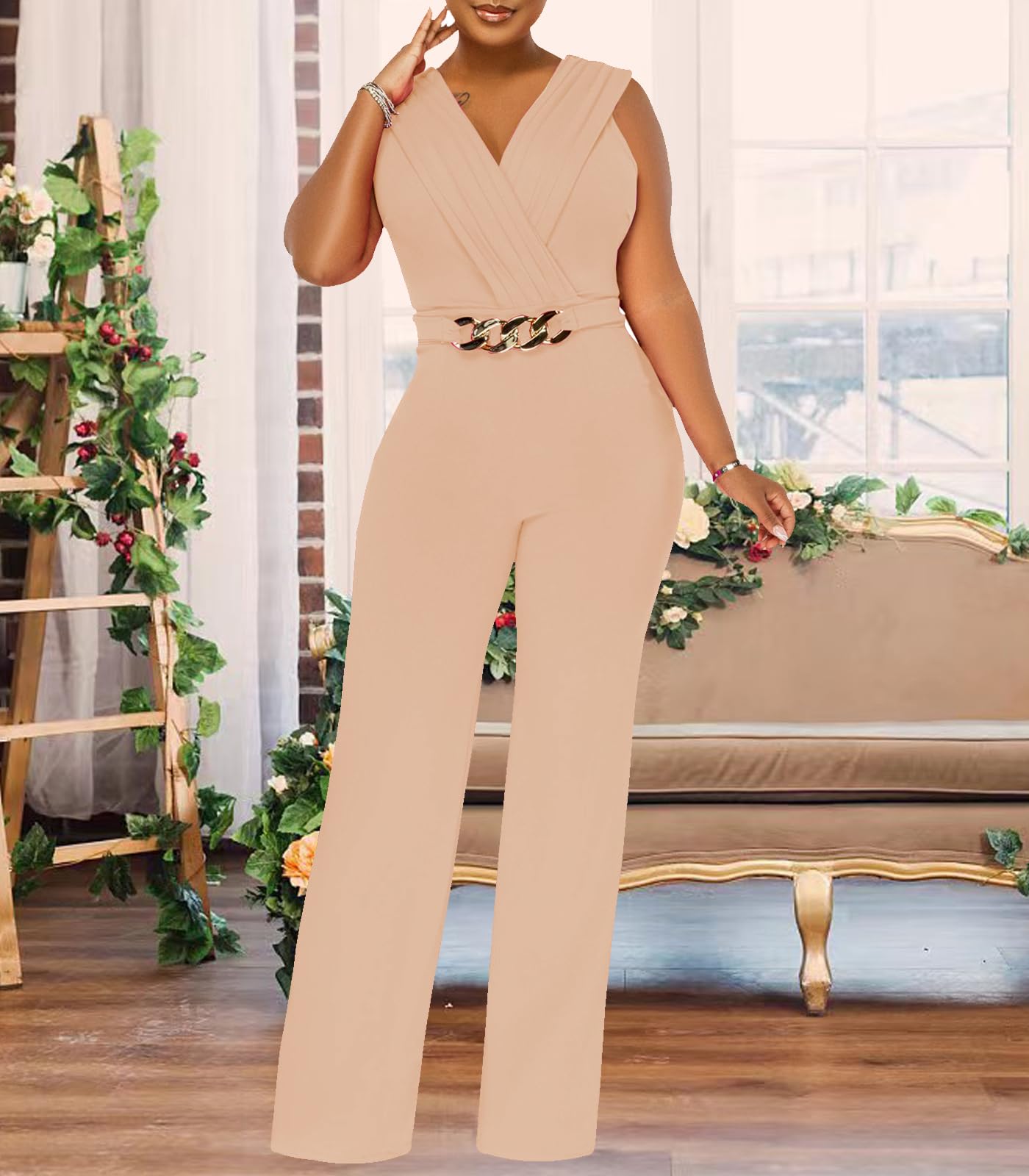 Women's Summer Formal Dressy Jumpsuits Elegant V Neck Sleeveless Party Rompers Stretchy Wrap Wide Leg Long Pants Clubwear