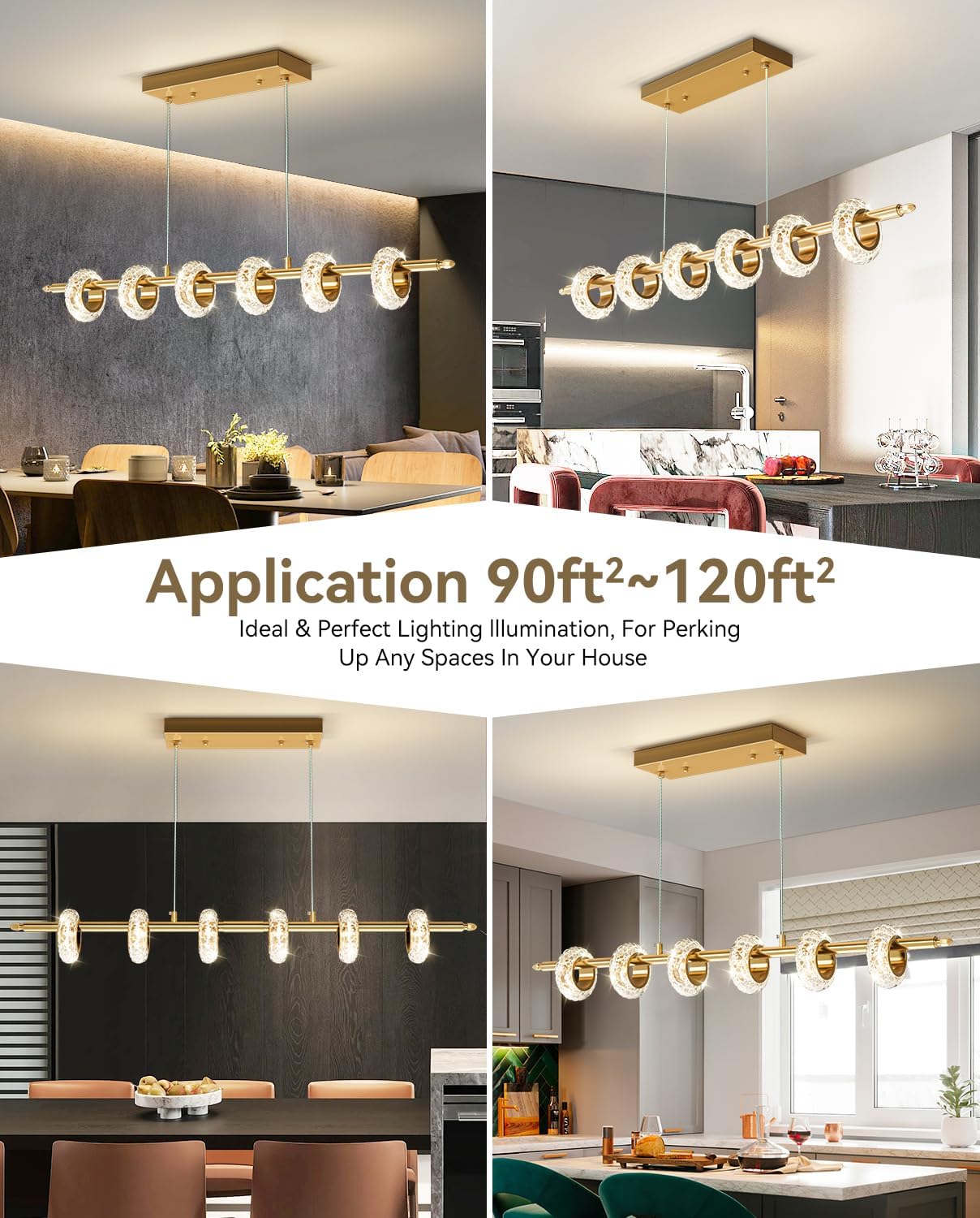 Lustre LED moderne à intensité variable avec télécommande, luminaires de salle à manger en cristal au-dessus de la table, suspension linéaire dorée 3000K-6500K pour îlot de cuisine 