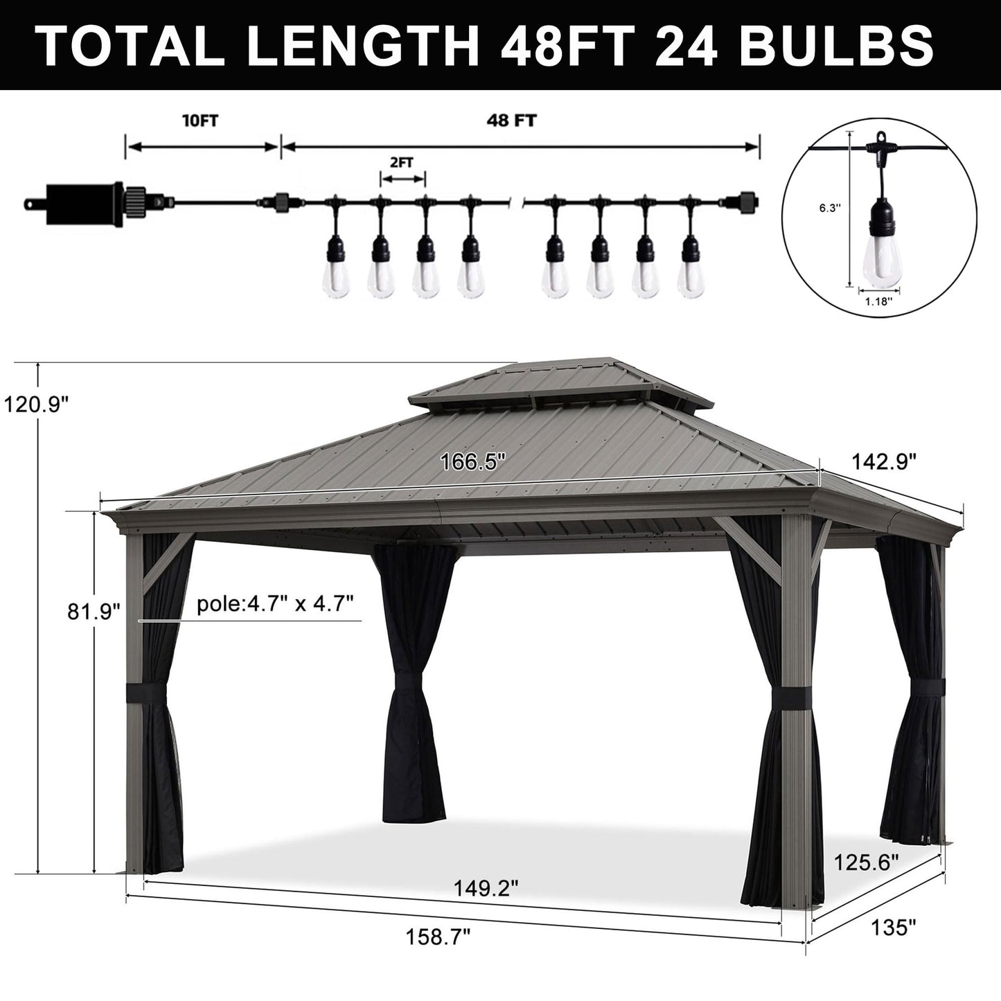 PURPLE LEAF 14' x 20' Patio Hardtop Gazebo with Light Metal Roof Heavy Duty Wind Resistance Outdoor Permanent Large Pavilion Gazebo for Patio Deck and Garden, Netting and Curtains Included, Light Grey