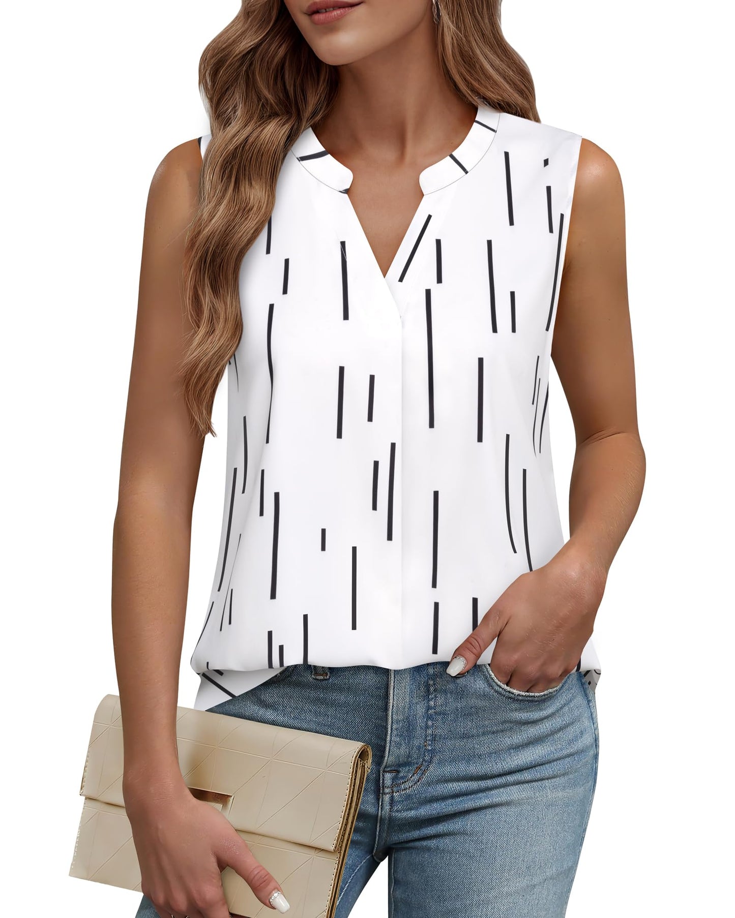 Timeson Women's Chiffon V Neck Sleeveless Blouse Tops Office Work Shirts