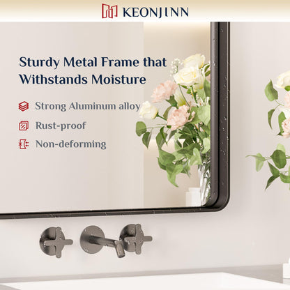 Keonjinn Black Mirror for Bathroom Sink, 24 x 30 Inch Sandblasted Finish Aluminum Wall Mirrors, Matte Black Rectangle Farmhouse Mirror with Shatterproof HD Tempered Glass, Anti-Rust Metal Frame