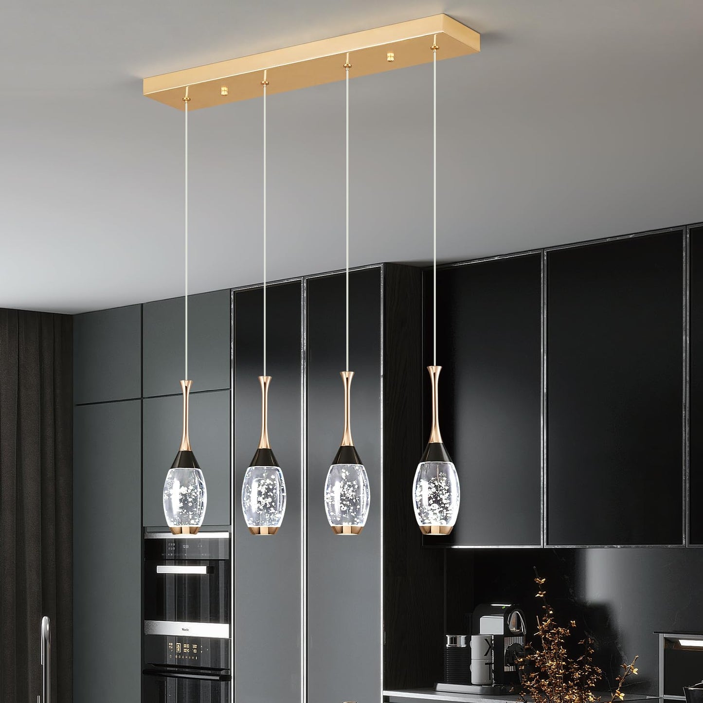 Modern Black Gold Pendant Light Dimmable LED Ceiling Light Fixtures Mini Teardrop Crystal Pendant Lighting for Kitchen Island Bedroom Hallway Entryway (3-Pack)