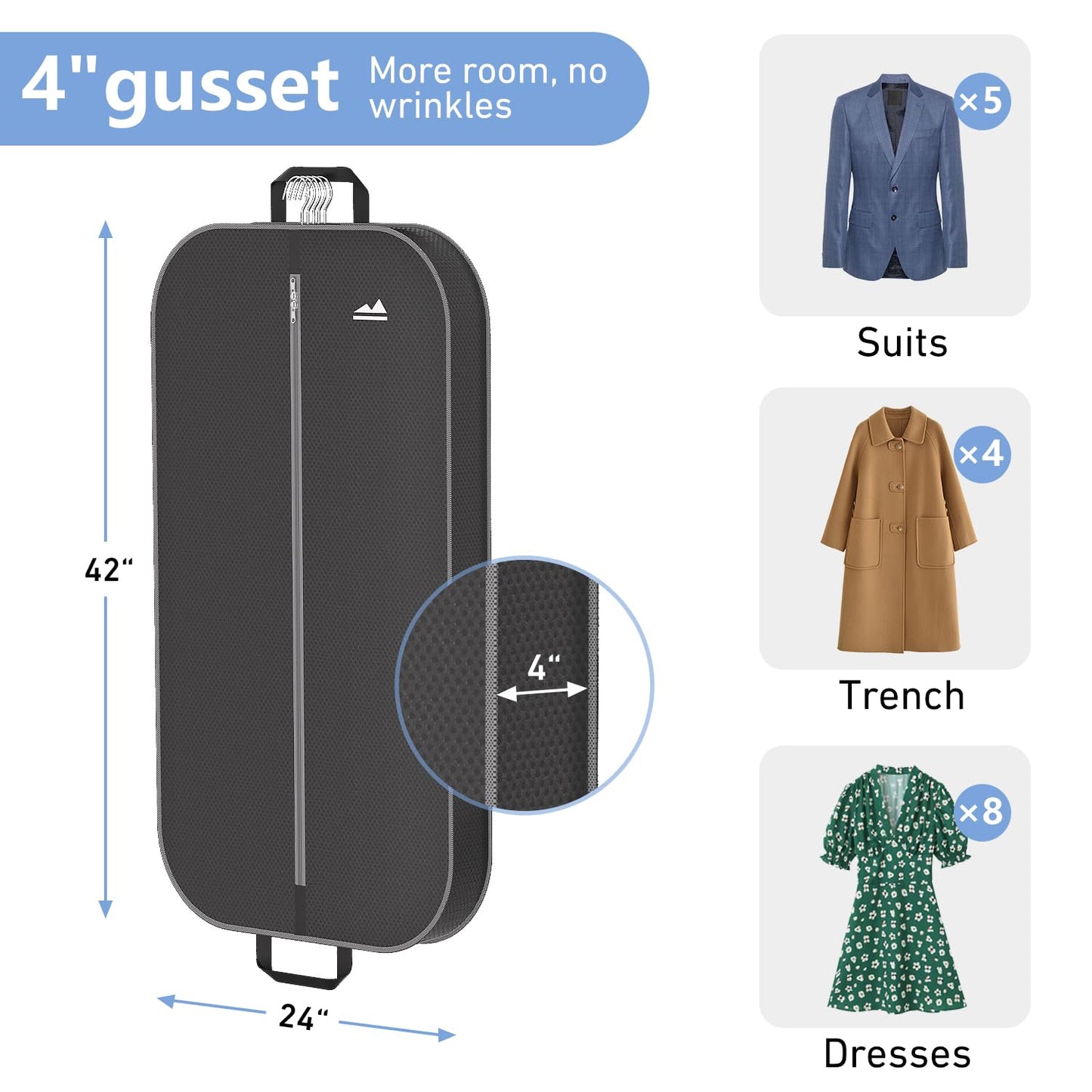 Sacs à vêtements transparents de 50 po pour suspendre des vêtements dans un placard avec soufflets de 4 po, sac de protection pour costumes pour robes, manteaux longs, vestes, pulls, chemises, 3 paquets, noir 