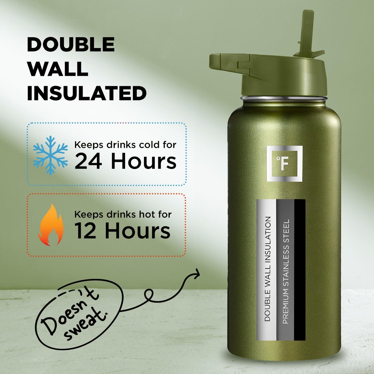 Bouteille d'hydratation de camping et de randonnée IRON °FLASK avec 3 couvercles - Bouteille d'eau en acier inoxydable, à double paroi et isolée sous vide - Anti-fuite et sans BPA (Dark Night, Straw - 32 oz) 