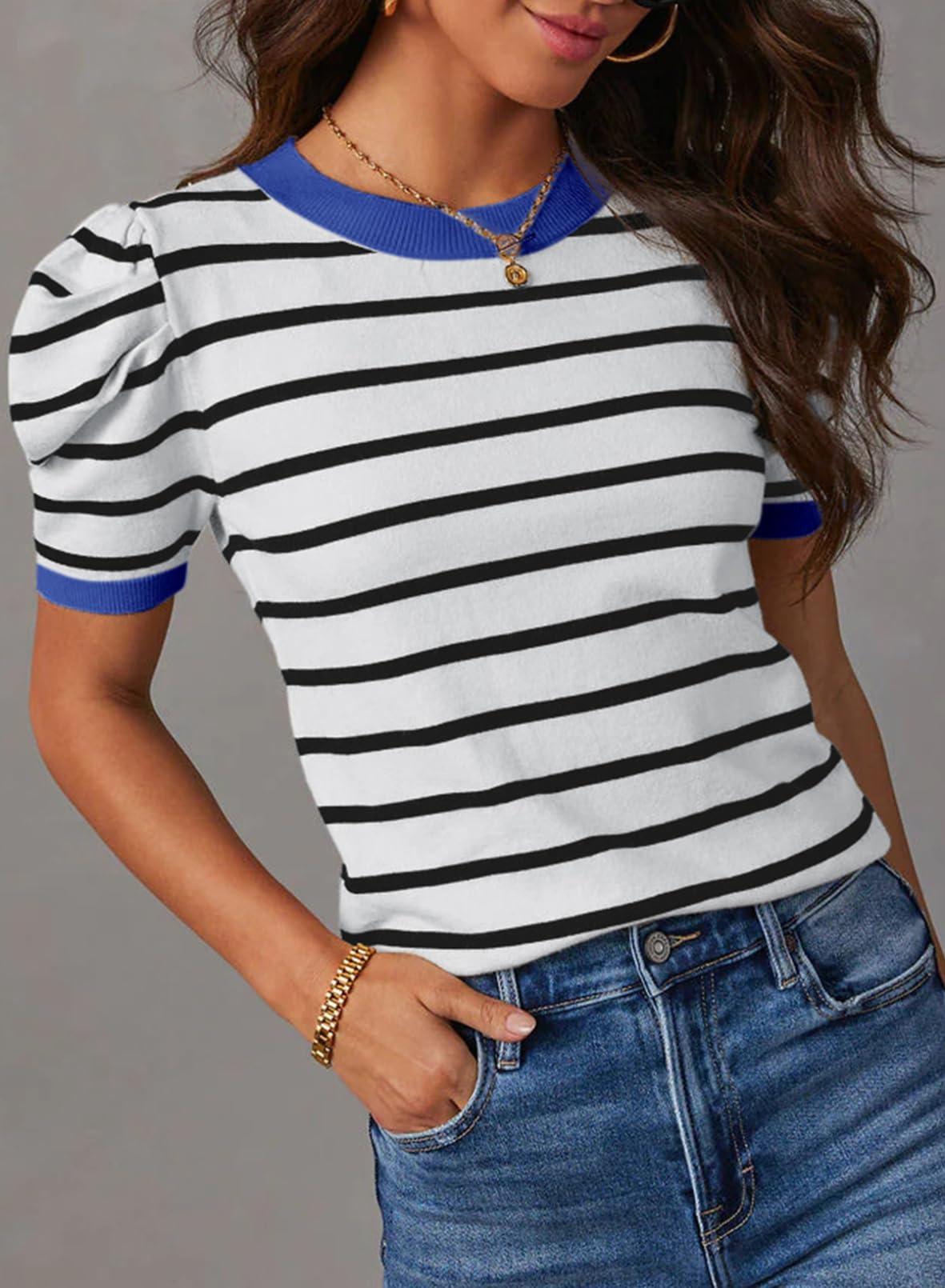 Dokotoo Women's Short Puff Sleeve Knit Tops 2025 Trendy Crewneck Striped T Shirts Casual Summer Blouses