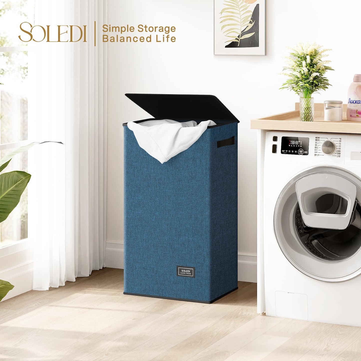 SOLEDI Laundry Hamper Black with Lid and Removable Bag - 100L Large and Tall Laundry Basket Collapsible with Handle for Clothing and Toys Storage - Dirty Clothes Hamper for Bedroom, bathroom, dorm