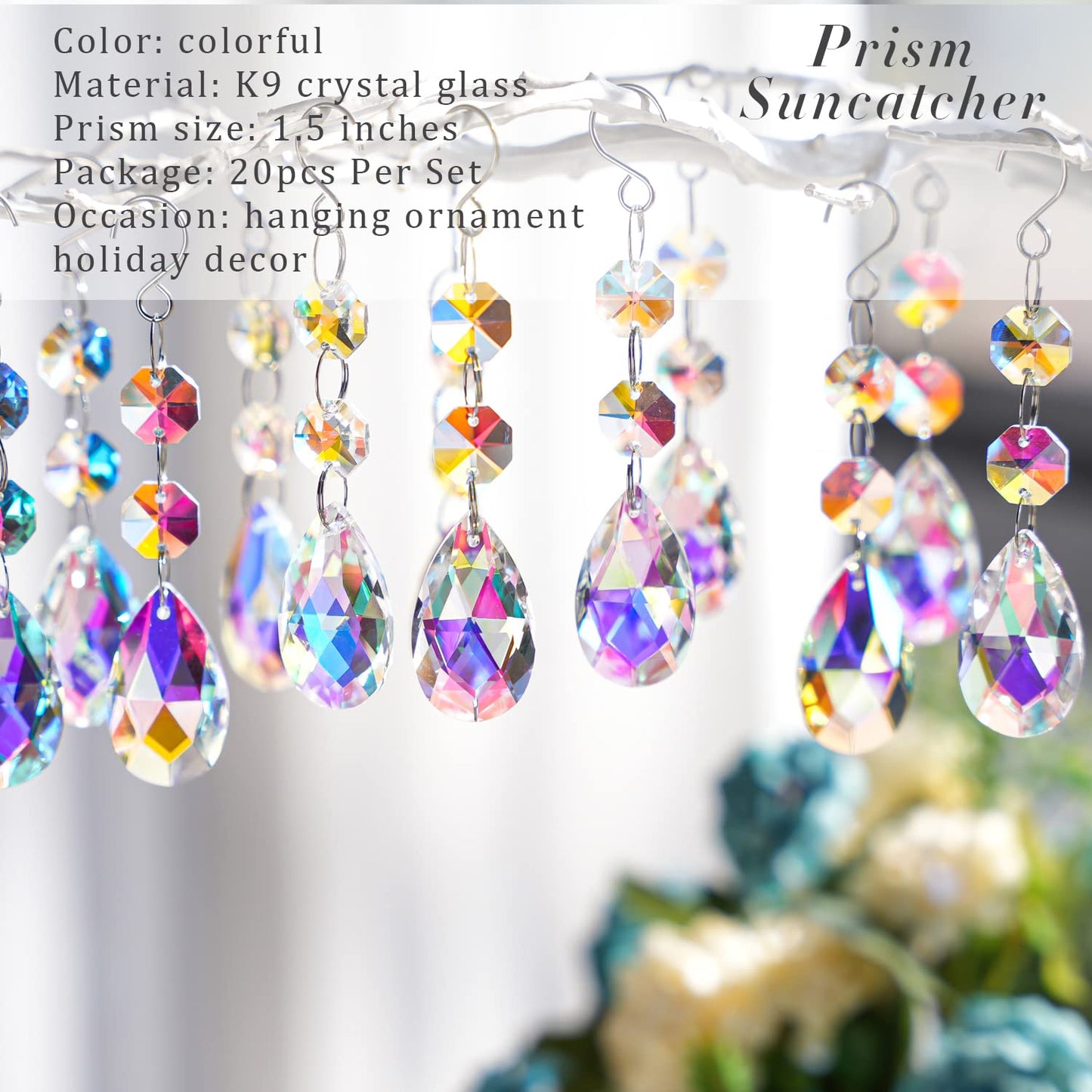 20pcs 38mm Suncatcher Teardrop Chandelier Prisms Crystal Pendants,Colorful Teardrop Crystals for Chandeliers,Glass Prisms Sun Catcher for Chandeliers with Hooks