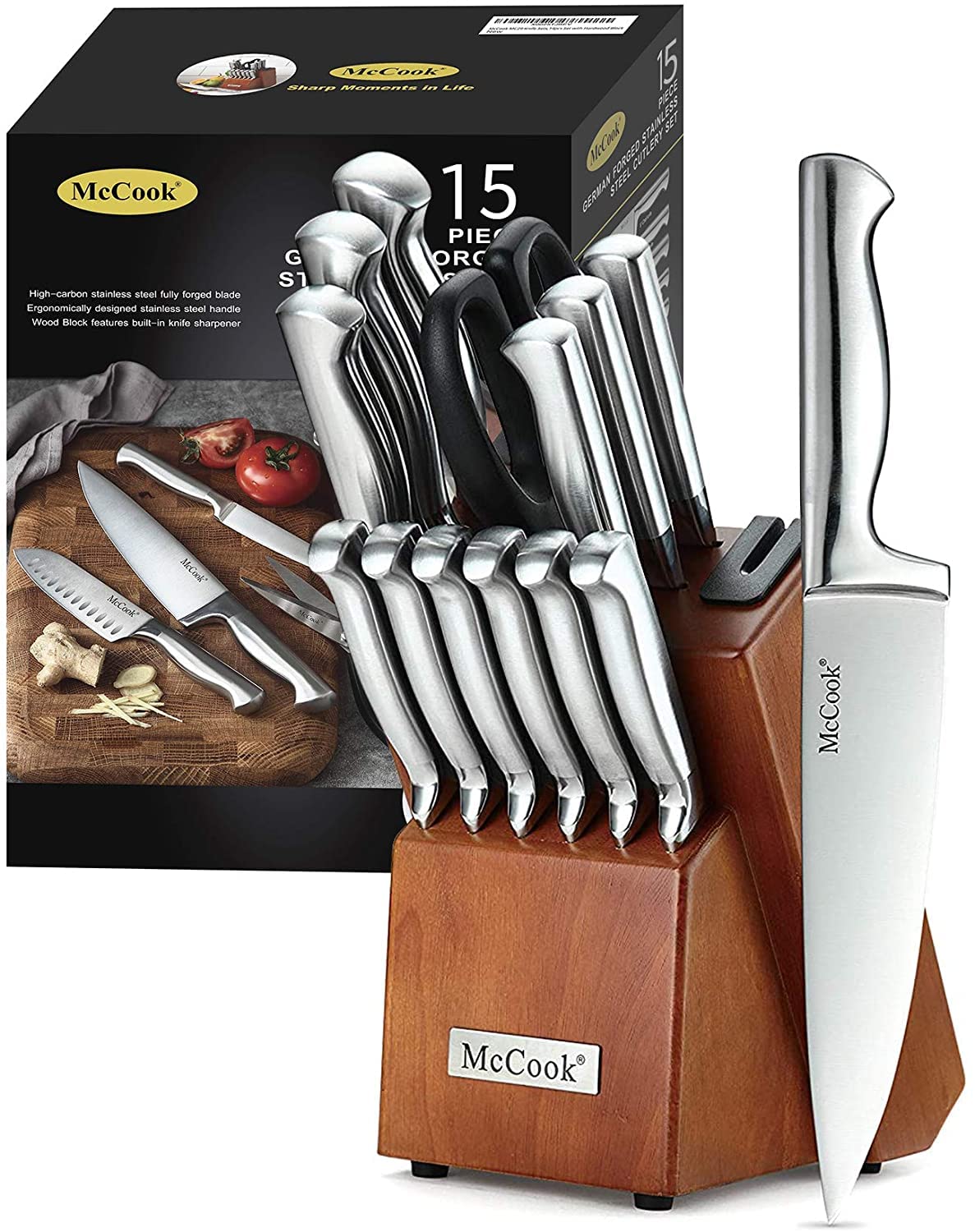 Ensemble de couteaux McCook®, ensemble de couteaux de cuisine en acier inoxydable Golden Titanium avec aiguiseur intégré 