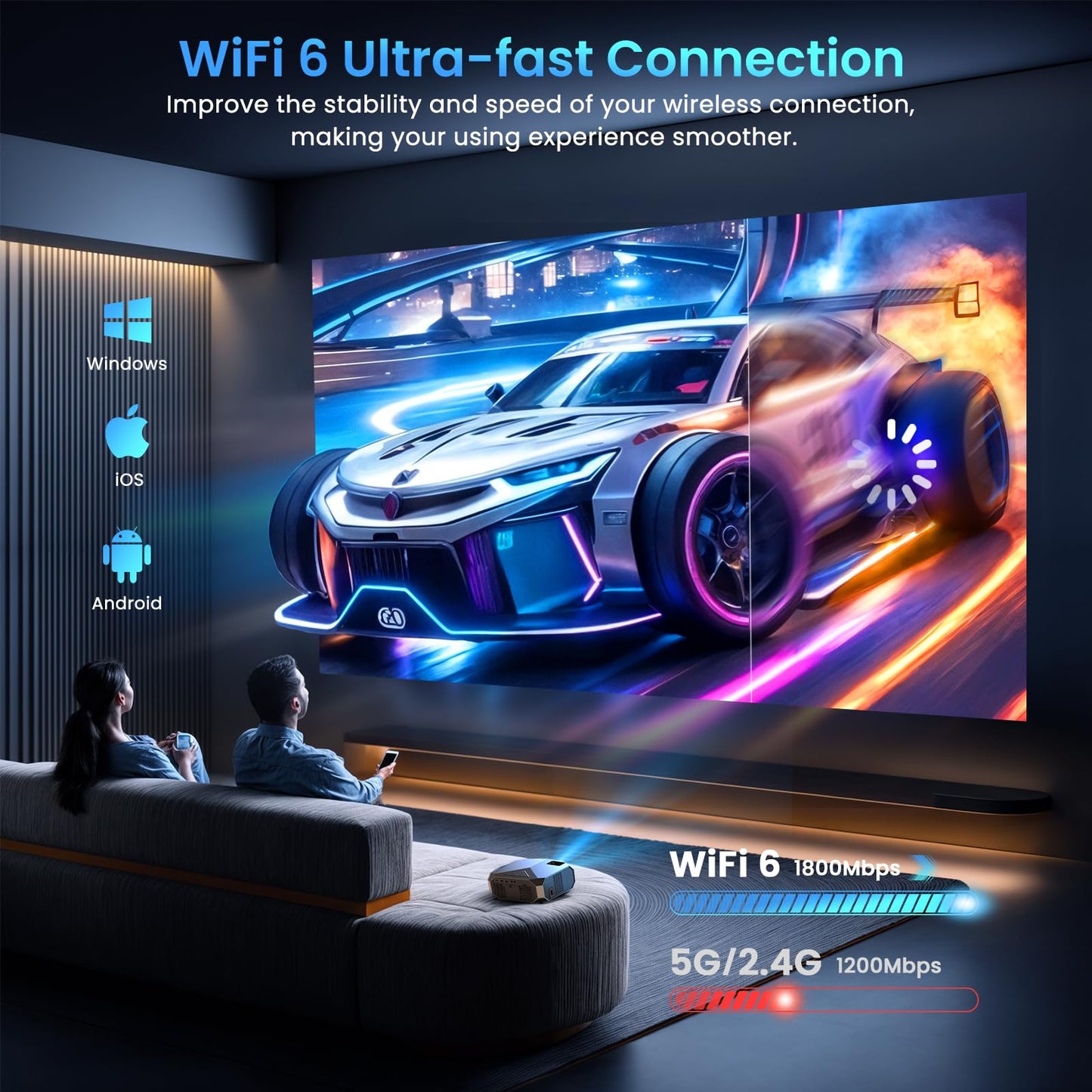 Smart Projector with WiFi 6 & Bluetooth 5.3 – 4K Outdoor/Indoor Movie Projector with Netflix, Prime Video & YouTube