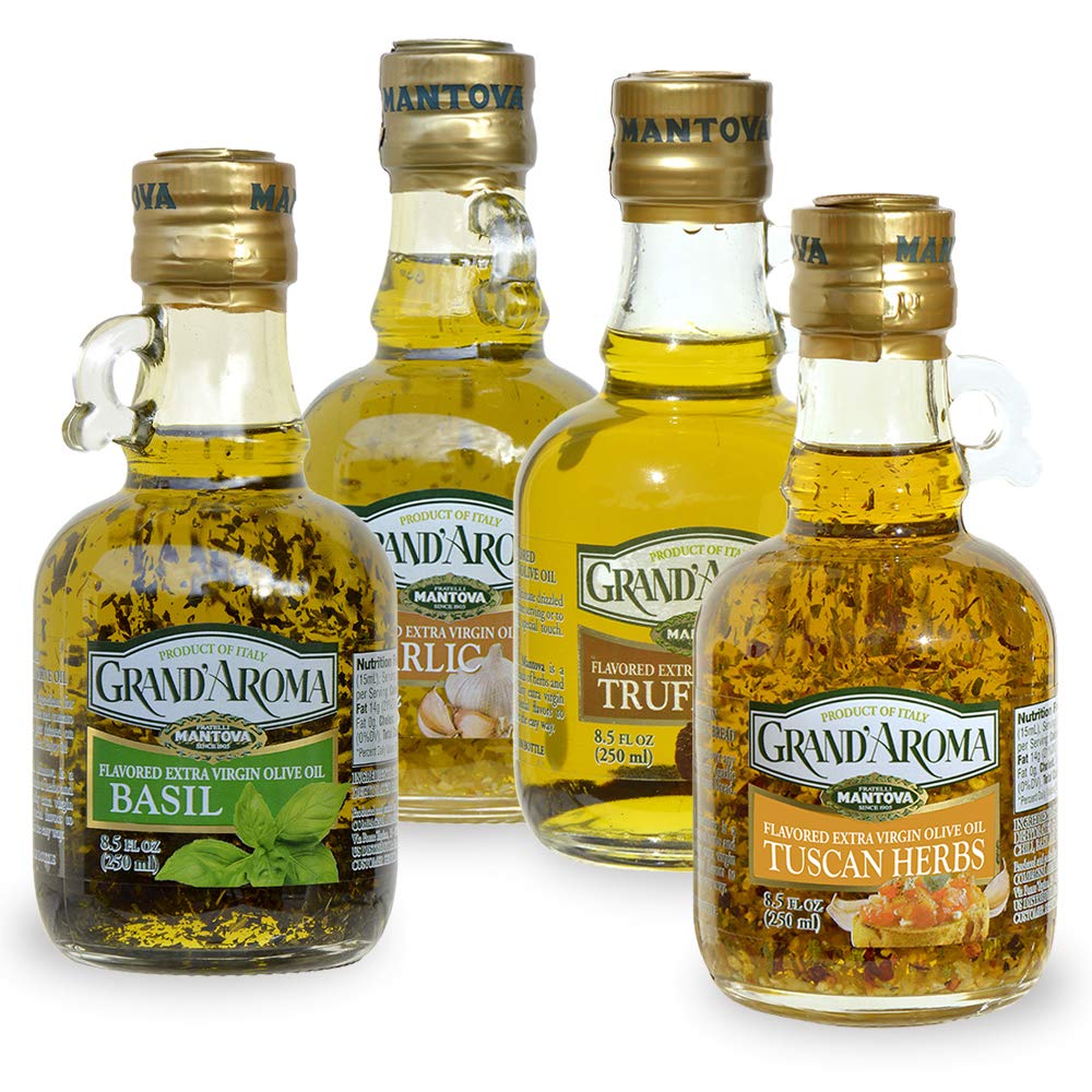 Huiles d'olive extra vierges aromatisées Mantova Grand'Aroma, coffret cadeau varié, fabriquées en Italie, pressées à froid, 100 % naturelles, bonnes pour le cœur, pour griller, faire des barbecues, fumer et cuisiner, 250 ml (lot de 4) 