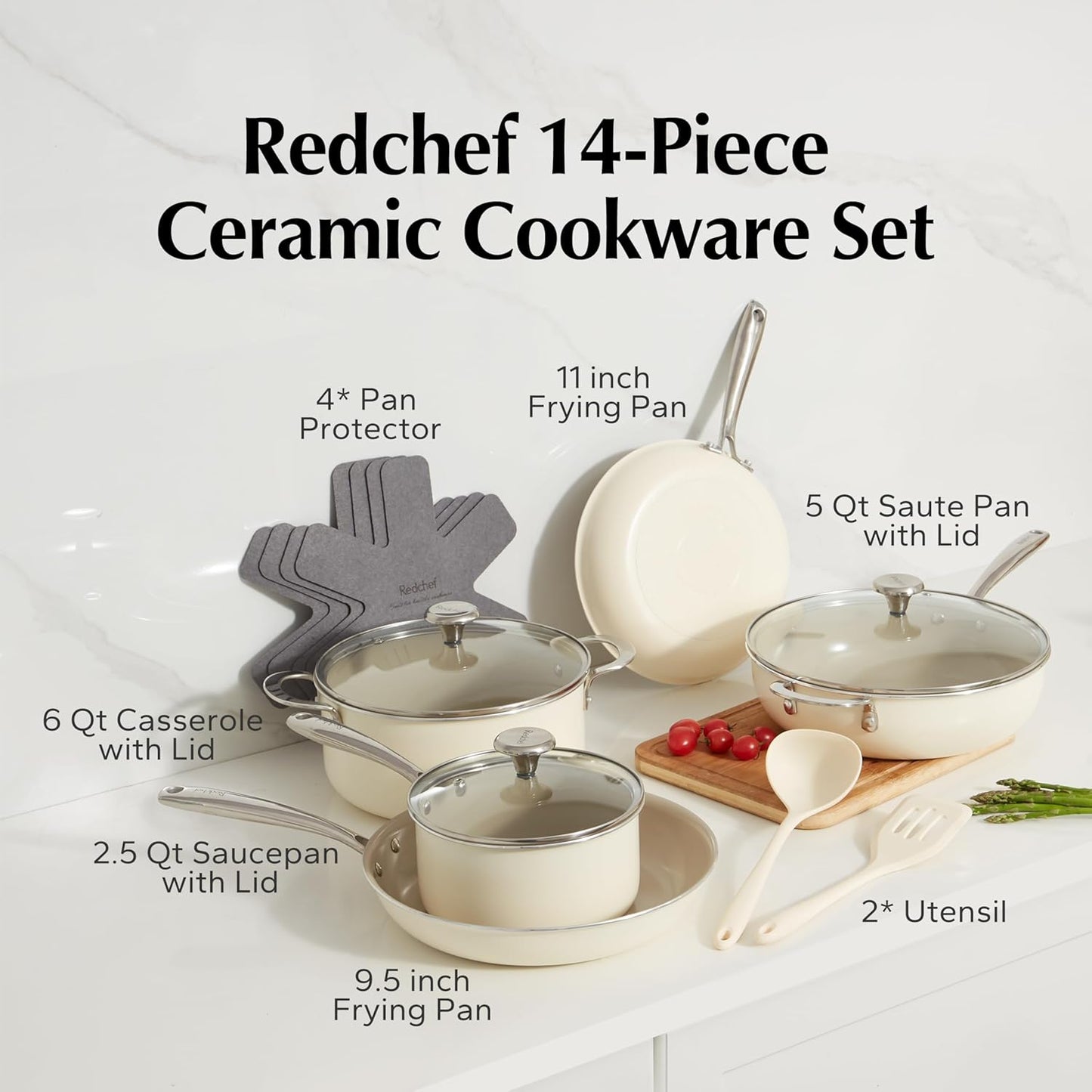 Redchef Ceramic Nonstick Cookware Set,14pcs Pots and Pans Set Non Stick,Induction Cookware with Stainless Steel Handle,Non Toxic Kitchen Cooking Set,Dishwasher & Oven Safe,PFAS PFOA & PTFE Free