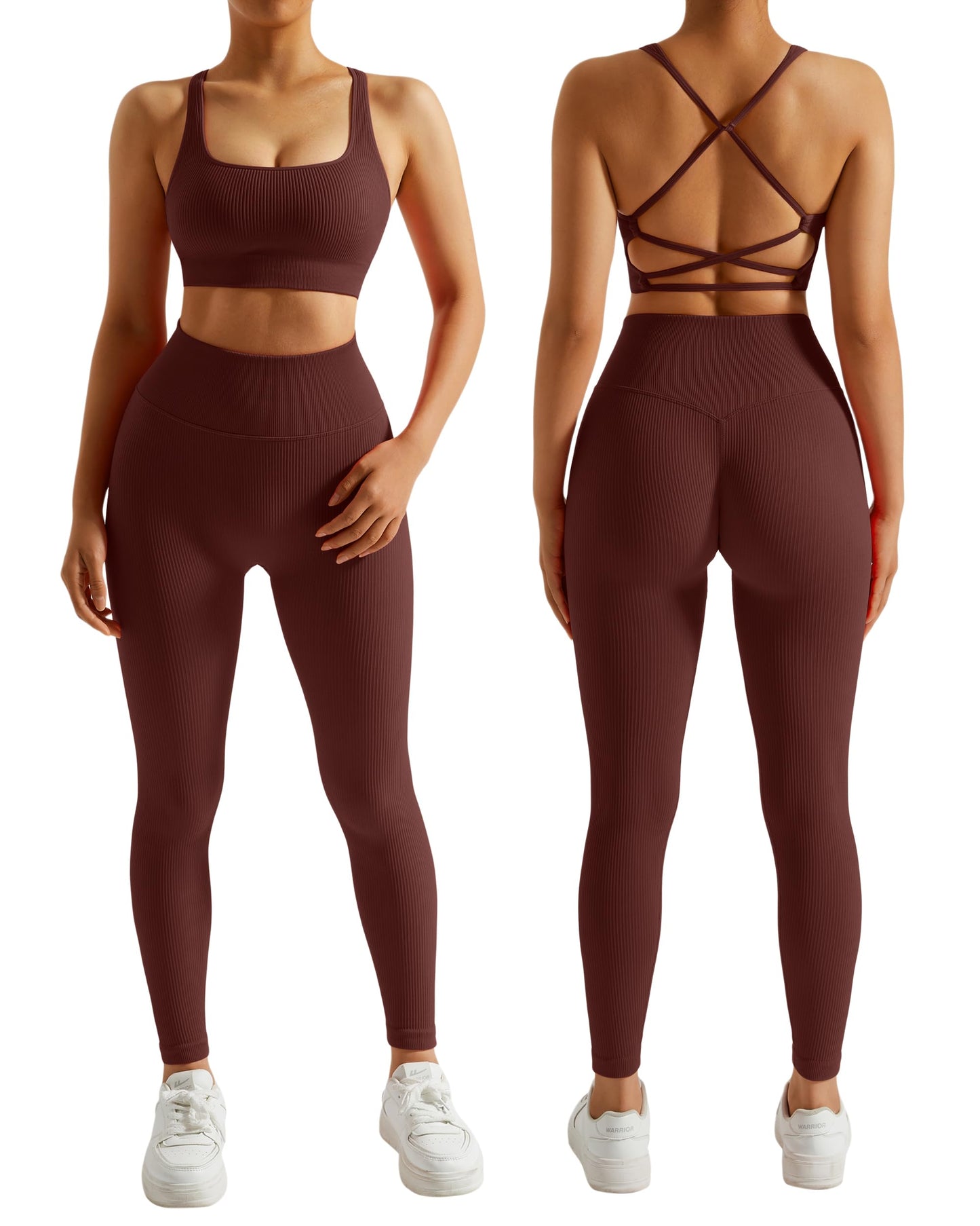 RXRXCOCO Ribbed Workout Sets for Women 2 Piece Backless Strappy Sports Bra Seamless Leggings Matching Set Yoga Outfits