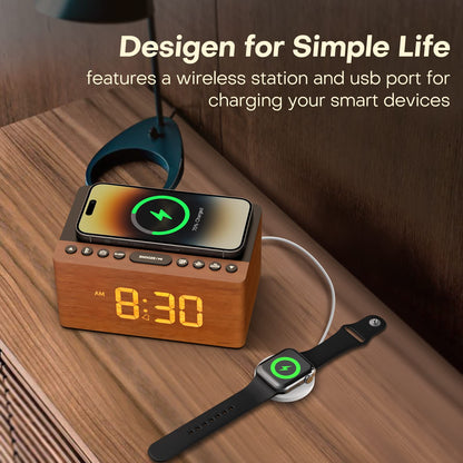 Digital Alarm Clock with FM Radio & Wireless Charging – Qi-Certified, LED Display, USB Port, Sleep Timer